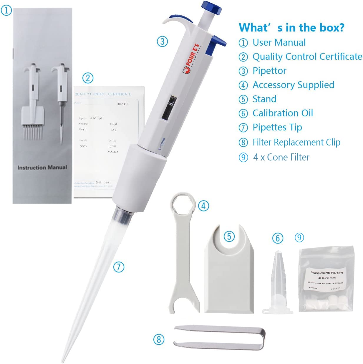 FOUR E'S SCIENTIFIC 100uL-1000uL High-Accurate Single-Channel Manual Adjustable Variable Volume Pipettes