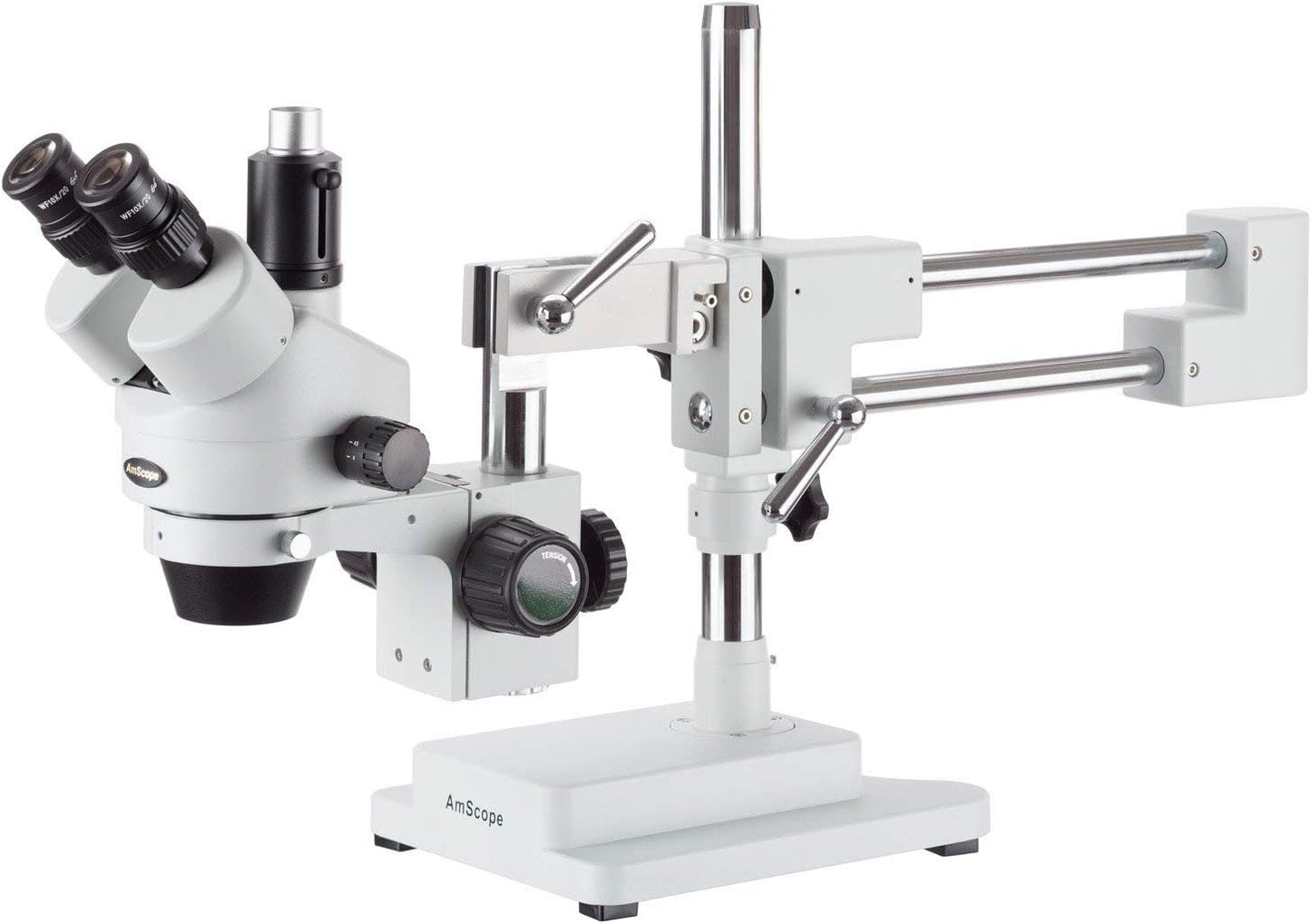 AmScope SM-4TPZ Professional Trinocular Stereo Zoom Microscope with Simultaneous Focus Control, WH10x Eyepieces, 3.5X-90X Magnification, 0.7X-4.5X Zoom Objective, Ambient Lighting, Double-Arm Boom Stand, Includes 0.5X and 2.0X Barlow Lens