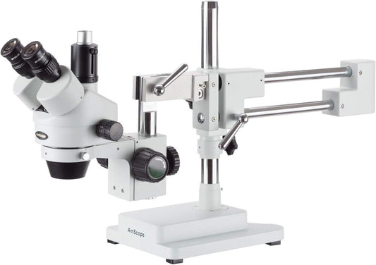 AmScope SM-4TPZ Professional Trinocular Stereo Zoom Microscope with Simultaneous Focus Control, WH10x Eyepieces, 3.5X-90X Magnification, 0.7X-4.5X Zoom Objective, Ambient Lighting, Double-Arm Boom Stand, Includes 0.5X and 2.0X Barlow Lens