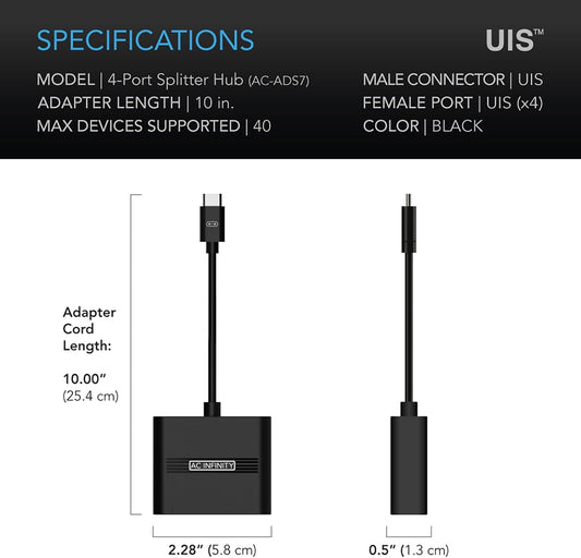 AC Infinity UIS Splitter Hub, 4-Port Adapter Dongle, Connector Cable Cord to Share UIS Programming for LED Grow Lights, EC Motor Fans, and Humidifiers