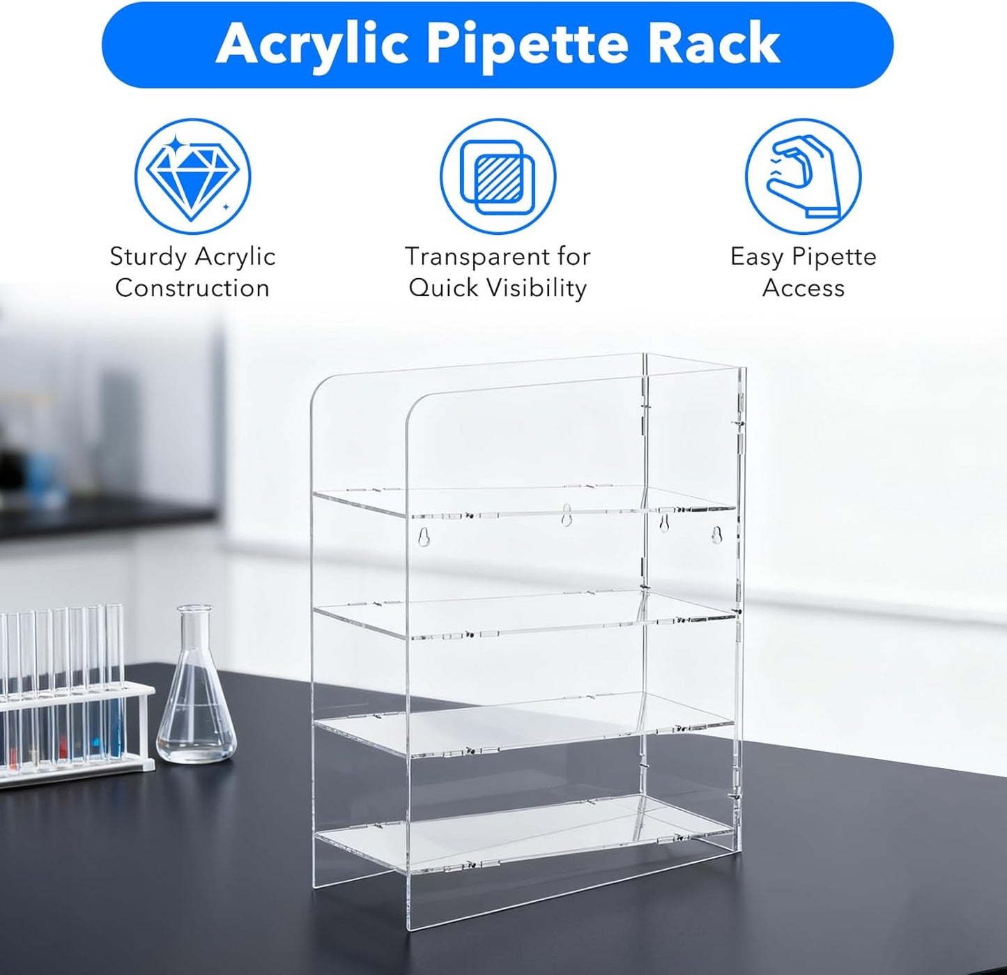 FOUR E'S SCIENTIFIC Acrylic Pipette Rack, Clear Counter Top Wall Mounted Pipette Stand with 4 Compartment Lab Holder for Laboratory Office