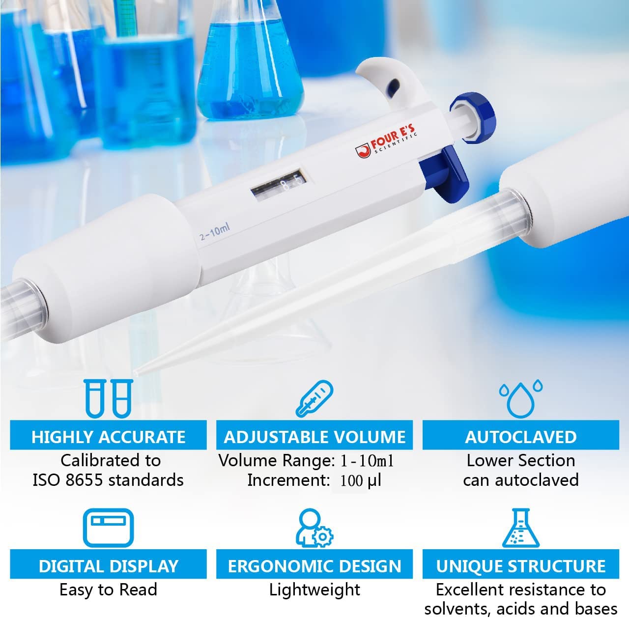 FOUR E'S SCIENTIFIC 1-10ML Single-Channel Pipettor Adjustable Variable Volume Micropipette High Accurate Pipettor for Laboratory