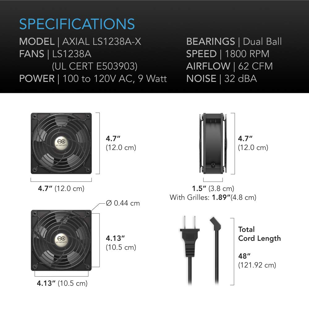AC Infinity AXIAL LS1238, Quiet Muffin Fan, 120V AC 120mm x 38mm Low Speed, UL-Certified for DIY Cooling Ventilation Exhaust Projects