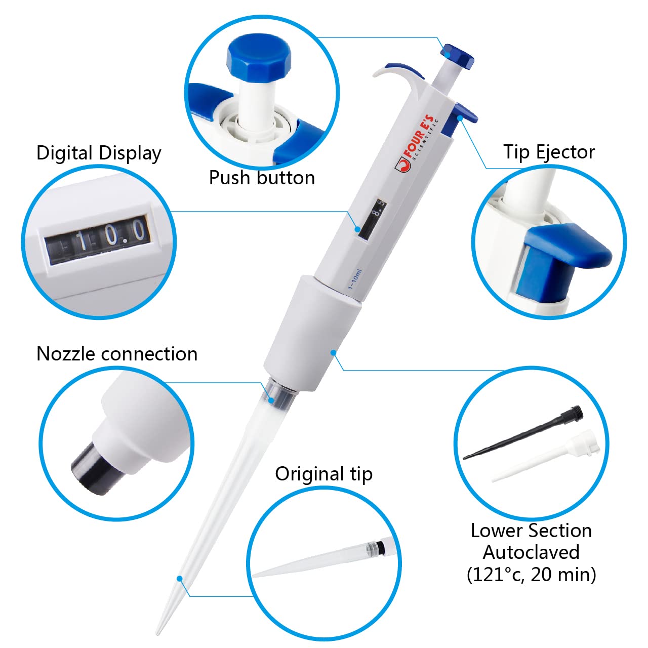 FOUR E'S SCIENTIFIC 1-10ML Single-Channel Pipettor Adjustable Variable Volume Micropipette High Accurate Pipettor for Laboratory