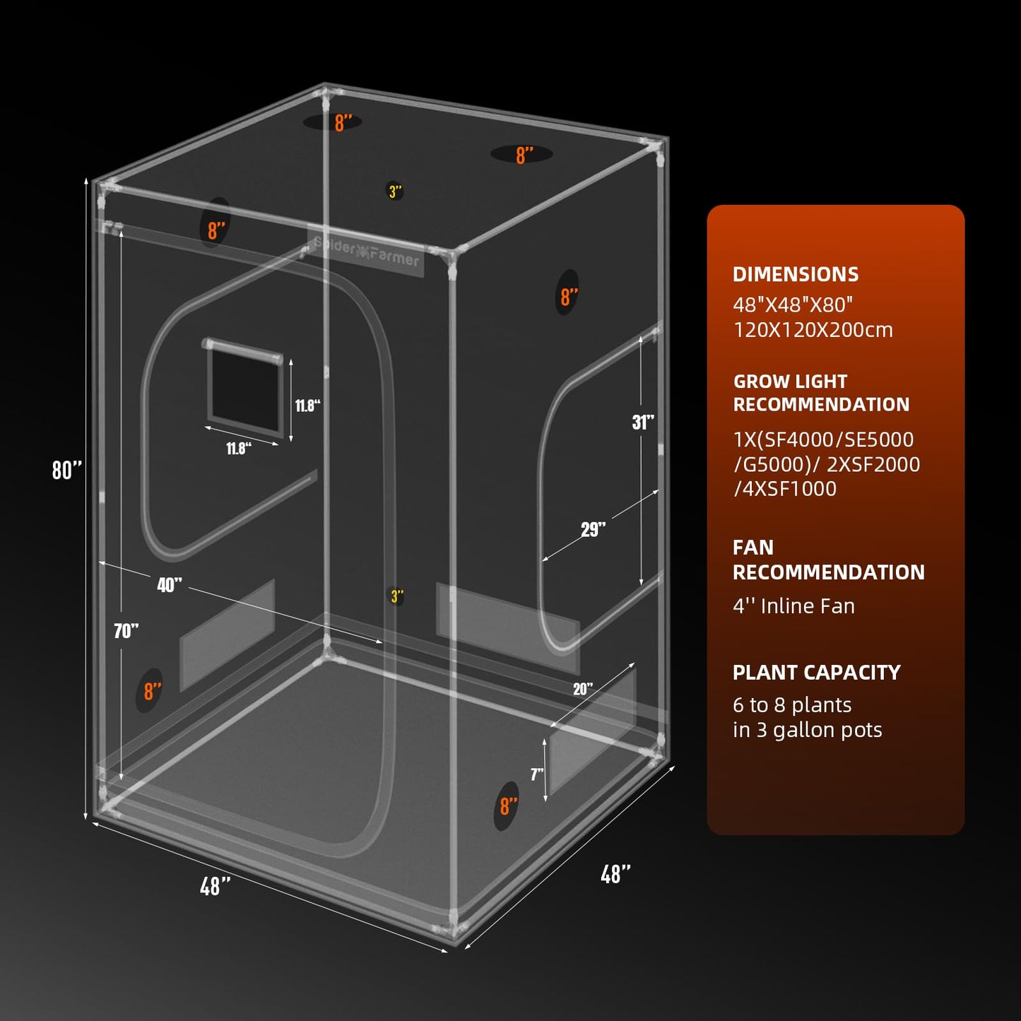 Spider Farmer 3x3x6 Pro-Grade Grow Tent, 36"x36"x70", with Observation Window and Floor Tray, 1680D Thicken Mylar Canvas Hydroponic Grow Tent, 3x3 for Indoor Growing for SF4000/SE3000