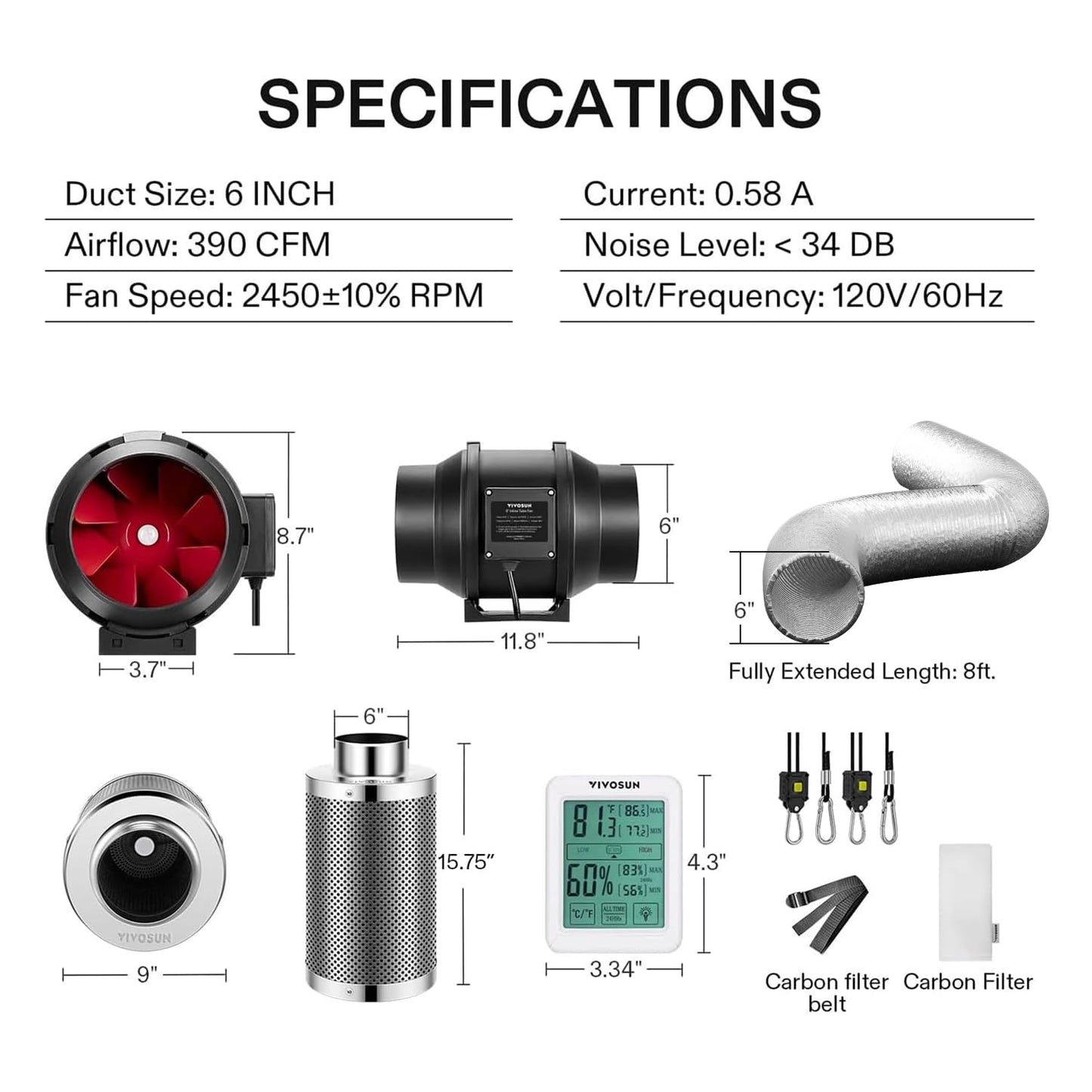 VIVOSUN 4 Inch 190 CFM Inline Fan with Speed Controller, 4 Inch Carbon Filter and 8 Feet of Ducting, Temperature Humidity Monitor for Grow Tent Ventilation