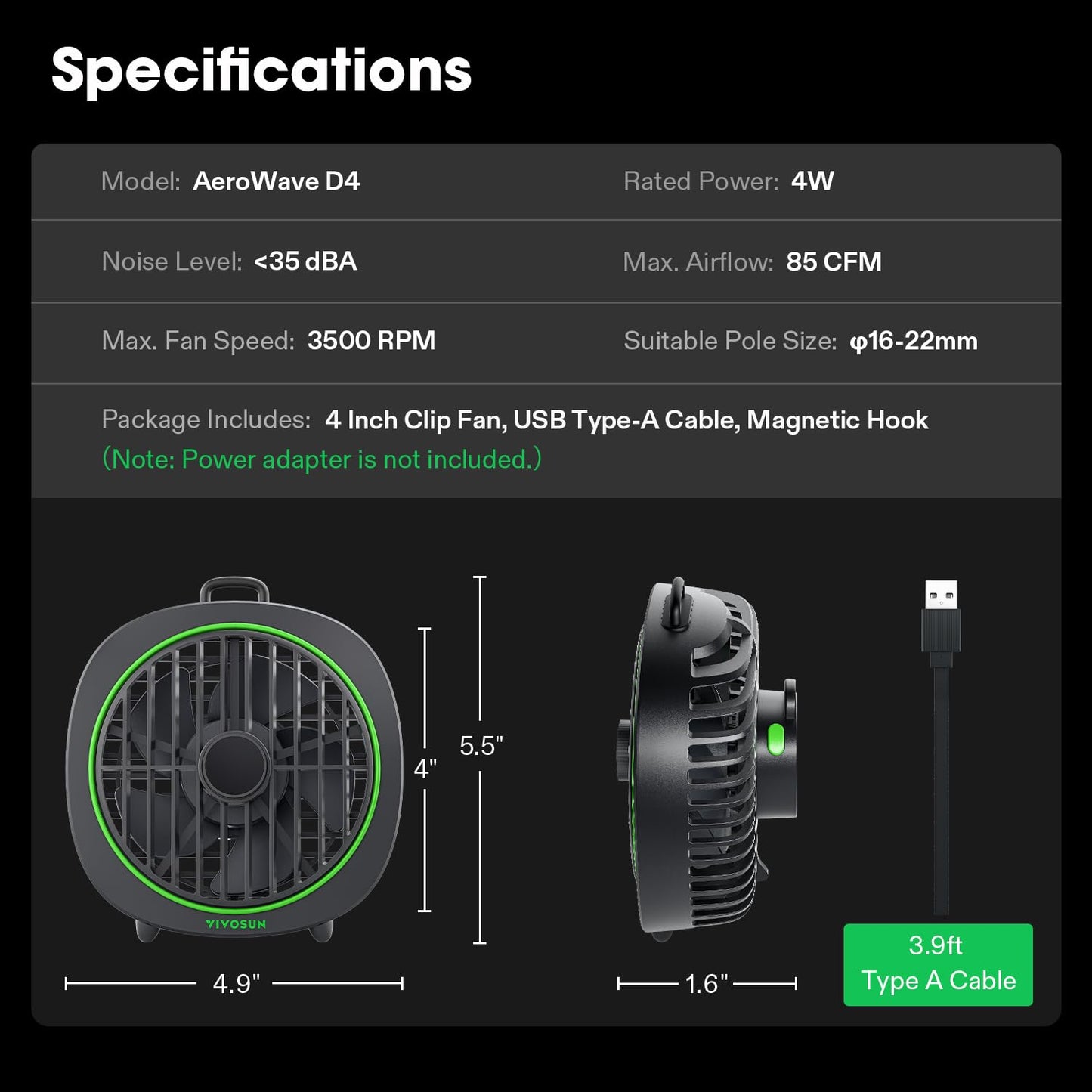 VIVOSUN AeroWave D4, 4” Grow Tent Clip Fan with Detachable Hook, 3-Speed Strong & Quiet Airflow, Adjustable Airflow Angle for Hydroponics, Circulation & Cooling, Black, 2-Pack