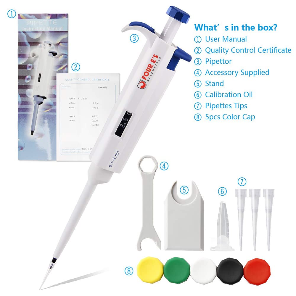 FOUR E'S SCIENTIFIC 100uL-1000uL High-Accurate Single-Channel Manual Adjustable Variable Volume Pipettes