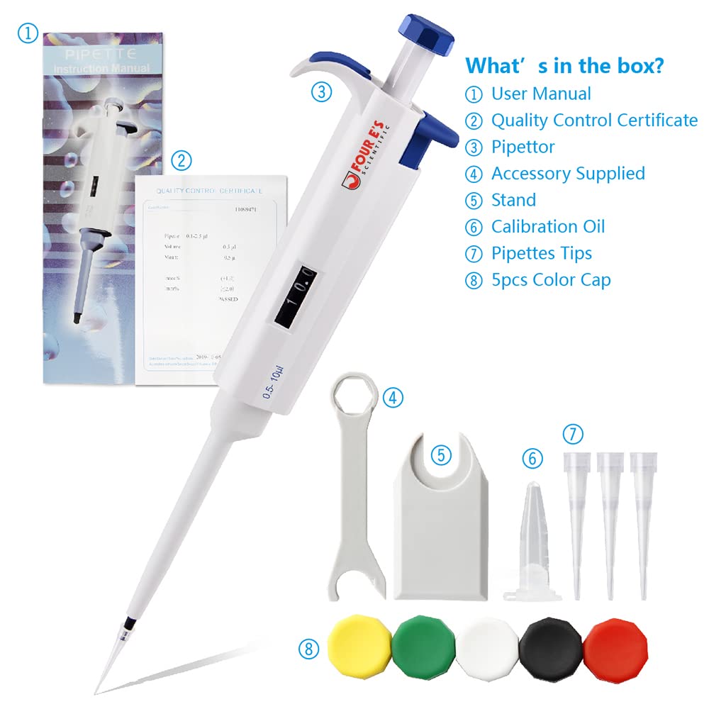 FOUR E'S SCIENTIFIC 100uL-1000uL High-Accurate Single-Channel Manual Adjustable Variable Volume Pipettes