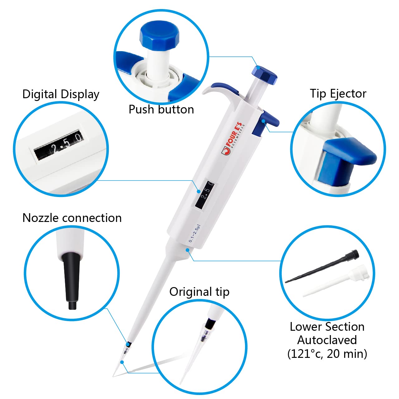 FOUR E'S SCIENTIFIC 1-10ML Single-Channel Pipettor Adjustable Variable Volume Micropipette High Accurate Pipettor for Laboratory