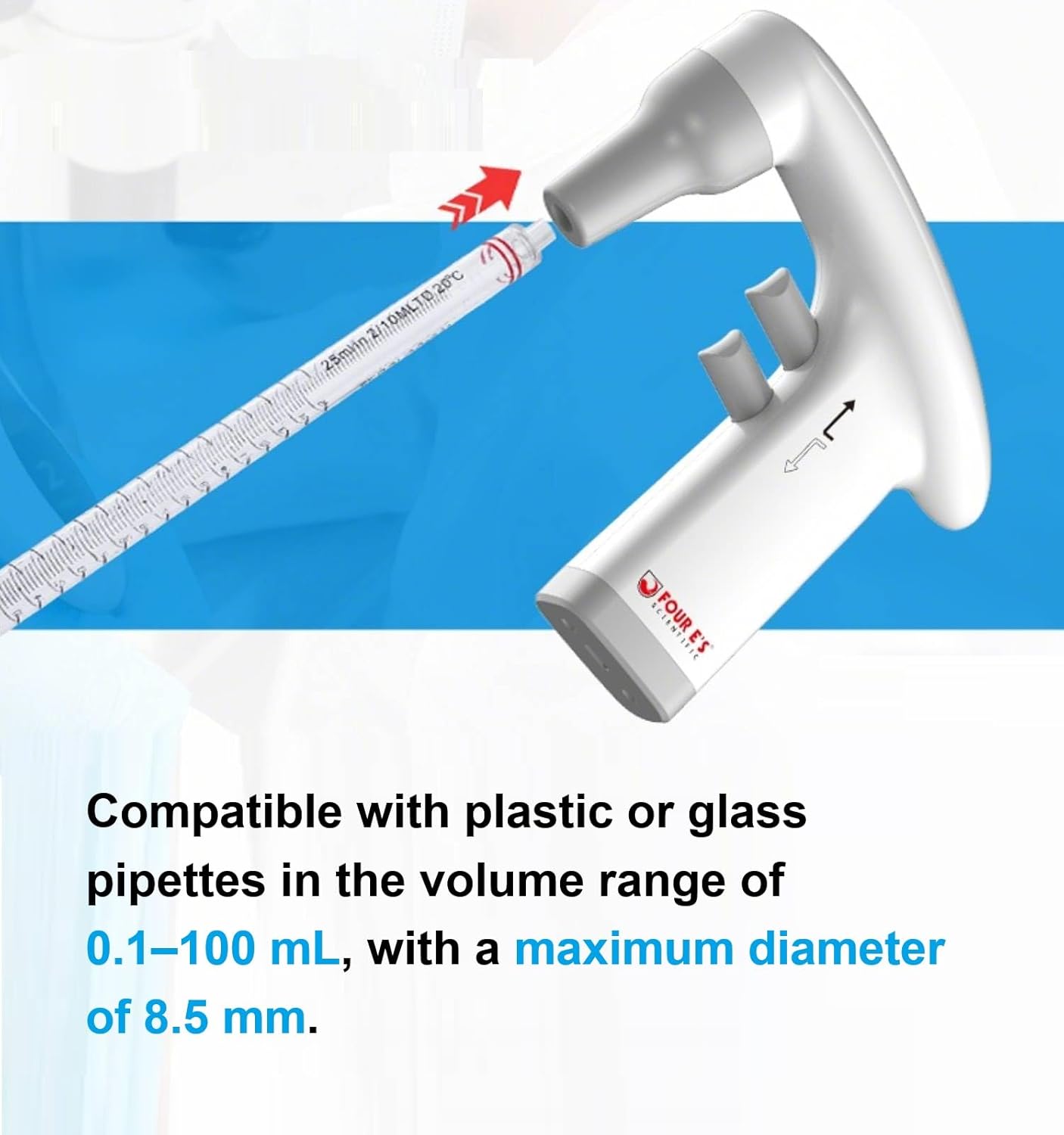 FOUR E'S SCIENTIFIC Electric Pipette Controller 0.1-100mL, Electronic Pipettors Lab Automatic Motorized Pipette Filler, 10h Rechargeable Lithium Battery, LCD Screen, Adjustable Speed