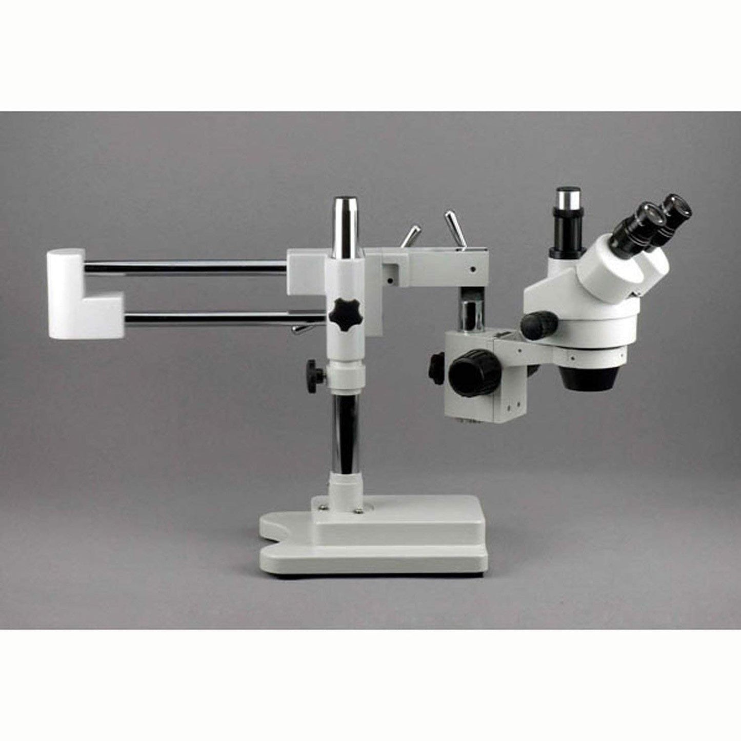 AmScope SM-4TZ-144A Professional Trinocular Stereo Zoom Microscope, WH10x Eyepieces, 3.5X-90X Magnification, 0.7X-4.5X Zoom Objective, Four-Zone LED Ring Light, Double-Arm Boom Stand, 110V-240V, Includes 0.5X and 2.0X Barlow Lens