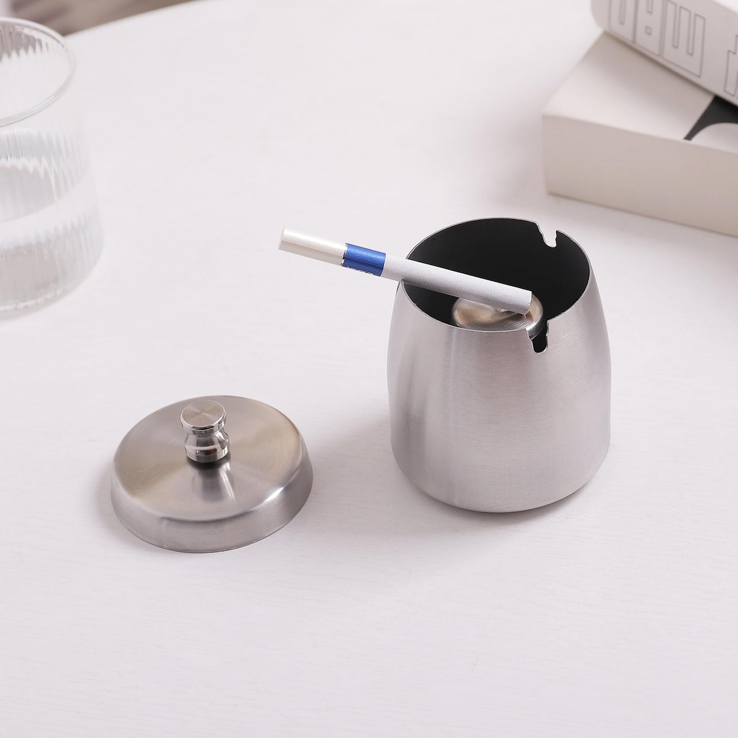 Ashtray with Lid for Cigarette, Stainless Steel Smokeless Odorless Windproof Ashtrays for Home Office Tabletop Outside Patio Outdoor Balcony(3.54"x3.0"x3.38")