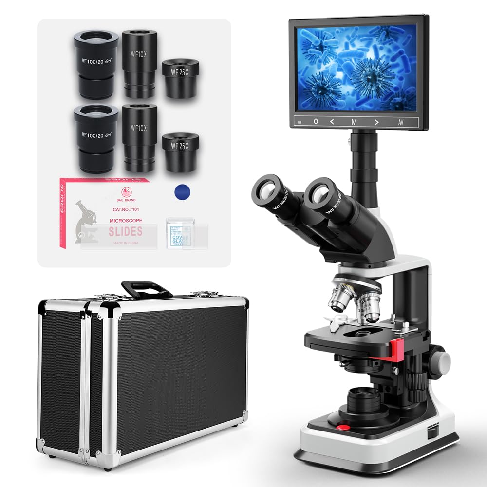 [24MP Smart Monitor] Vabiooth Lab Compound Trinocular Microscopes 40X-2500X Magnification with 7" Monitor Free Software-One Click Capturing Images & Video, Measuring Lengths, Wide-Field Eyepieces