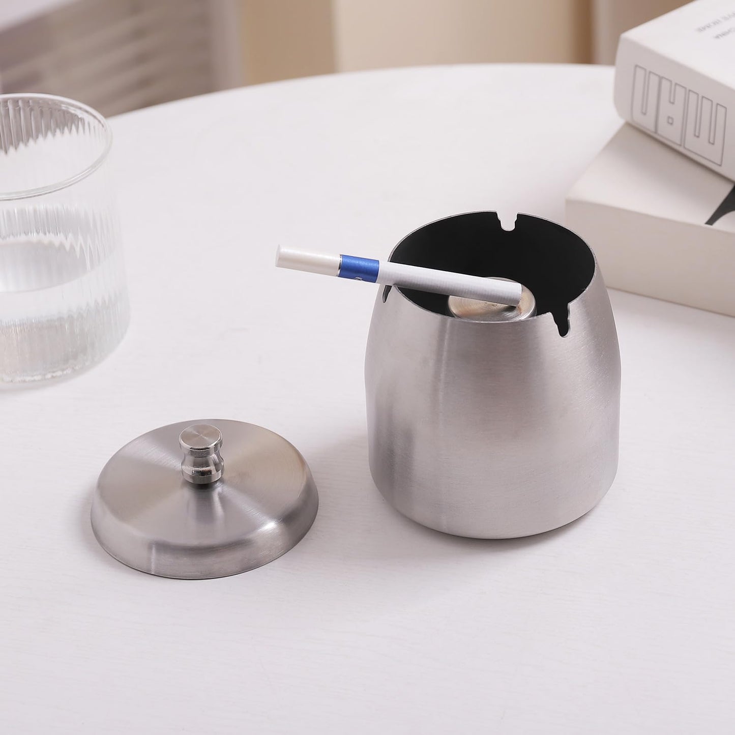 Ashtray with Lid for Cigarette, Stainless Steel Smokeless Odorless Windproof Ashtrays for Home Office Tabletop Outside Patio Outdoor Balcony(3.54"x3.0"x3.38")