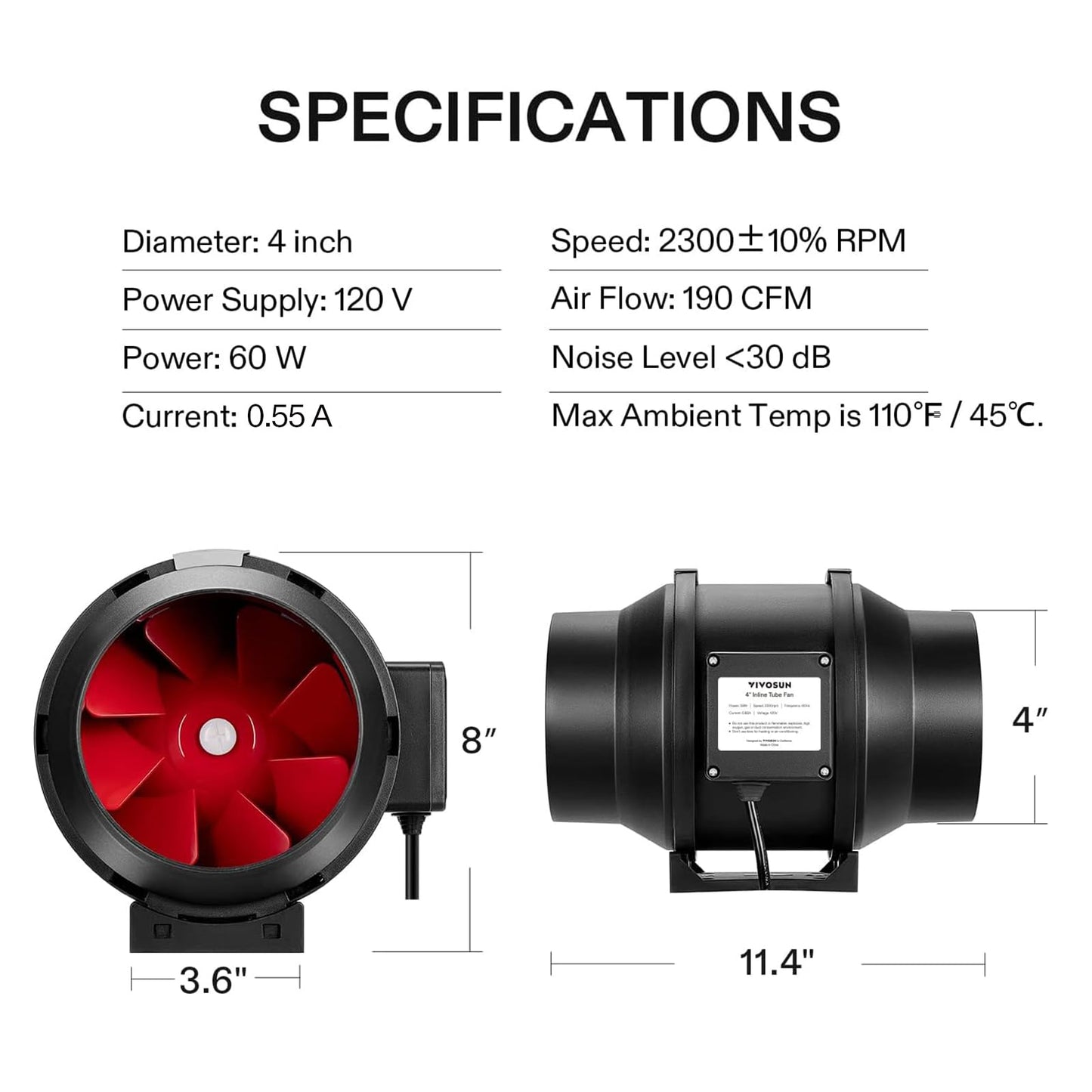 VIVOSUN R4 4 Inch 190 CFM Inline Duct Ventilation Fan with Variable Speed Controller for Grow Tent