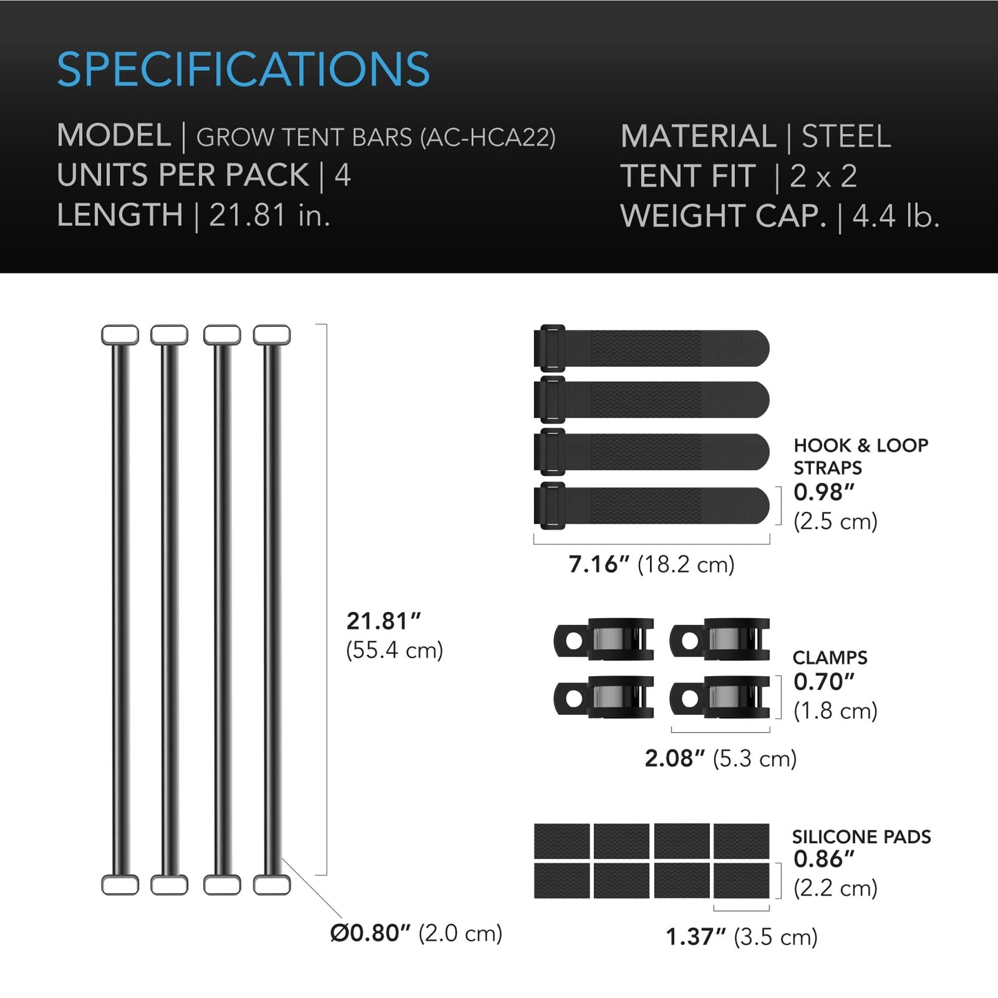 AC Infinity Heavy-Duty Grow Tent Mounting Bars 2x2', High Airflow CFM Kit Prevents Walls from Sucking in, Trellis and Supplemental Lights Mounting for All 2x2 Indoor Grow Tents