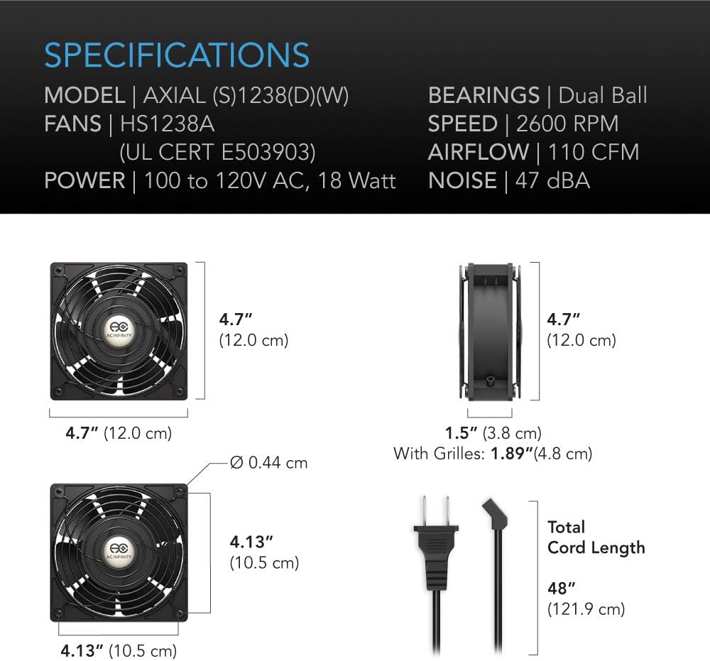 AC Infinity AXIAL 1238, Muffin Fan, 115V 120V AC 120mm x 38mm High Speed, for DIY Cooling Ventilation Exhaust Projects
