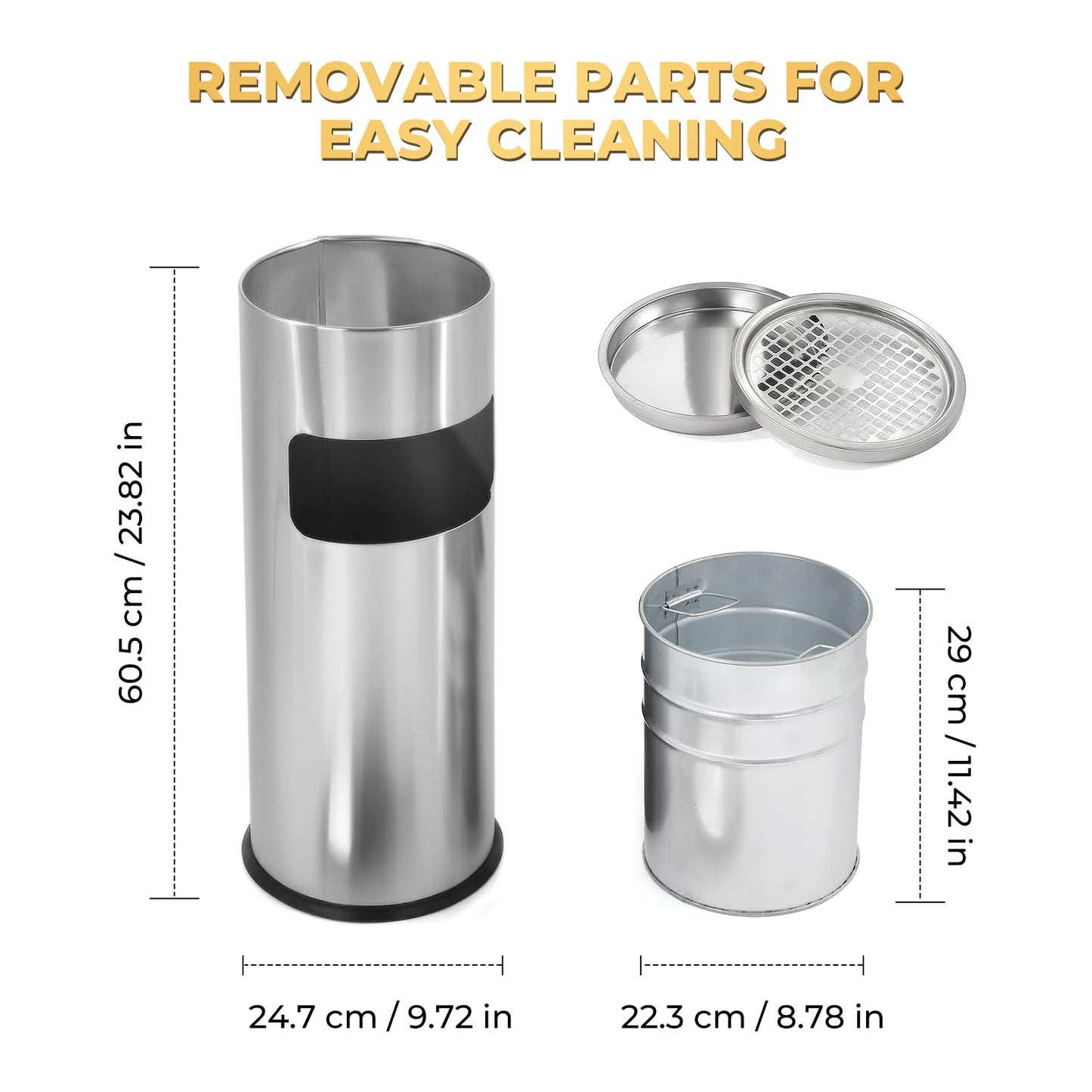 Trash Can Outdoor Waste Container Square Stainless Steel Trash Can with Removable Inner Bucket for Disposal Commercial Waste Container 9.45‘’ x 9.45‘’ x 24.02‘’-Black