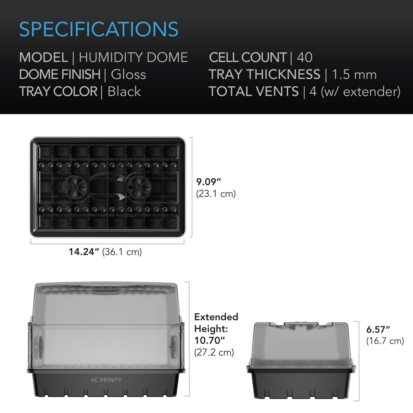 AC Infinity Heavy Duty 3mm Thick Humidity Dome Germination Kit with Waterproof Seedling Mat, Dimmable LED Grow Light Bars, Vented Height Extensions for Indoor Gardening, Seed Starting, Plant Cloning