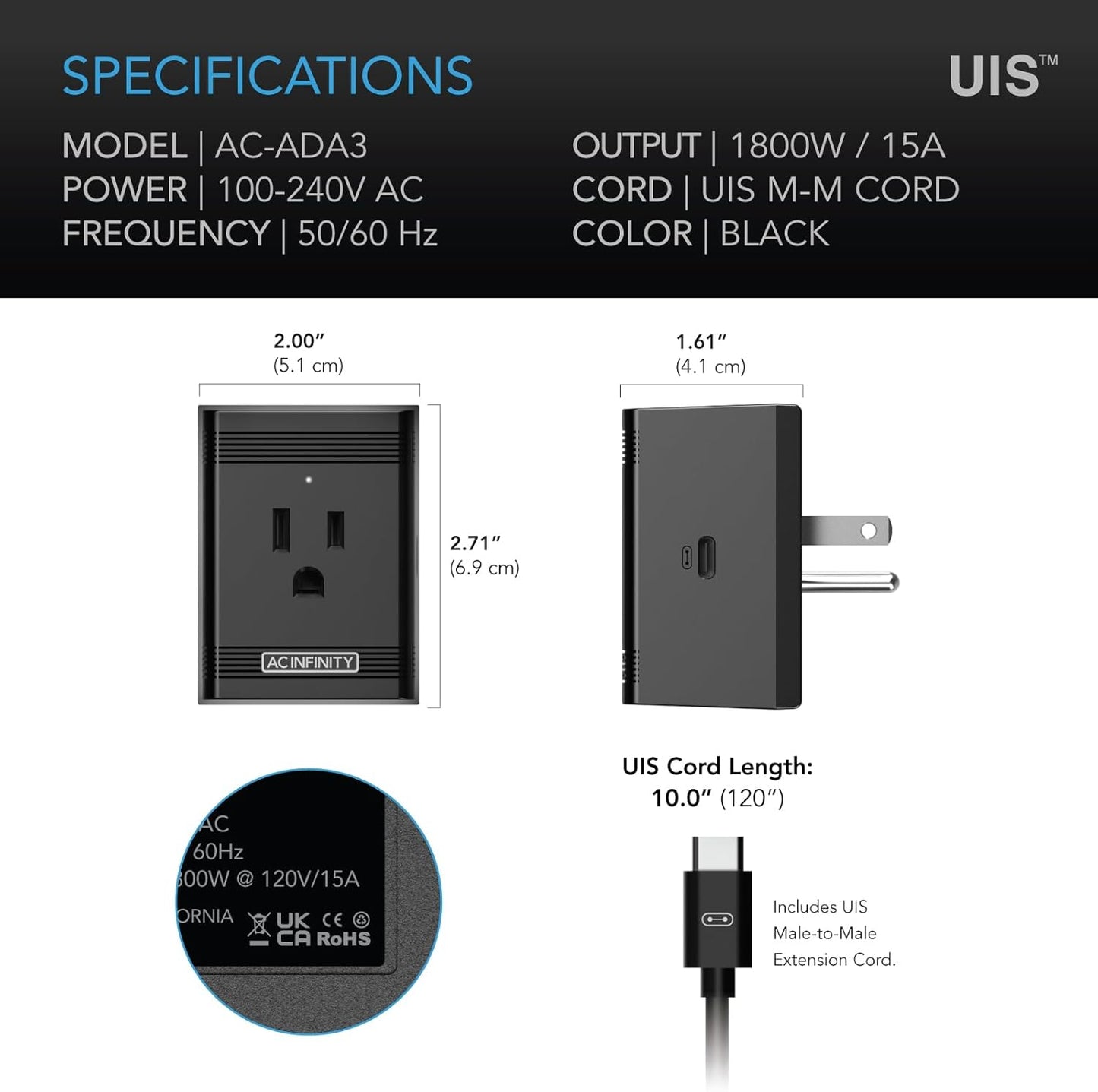 AC Infinity UIS Control Plug, Socket Adapter to Connect UIS Smart Controllers to Outlet Devices