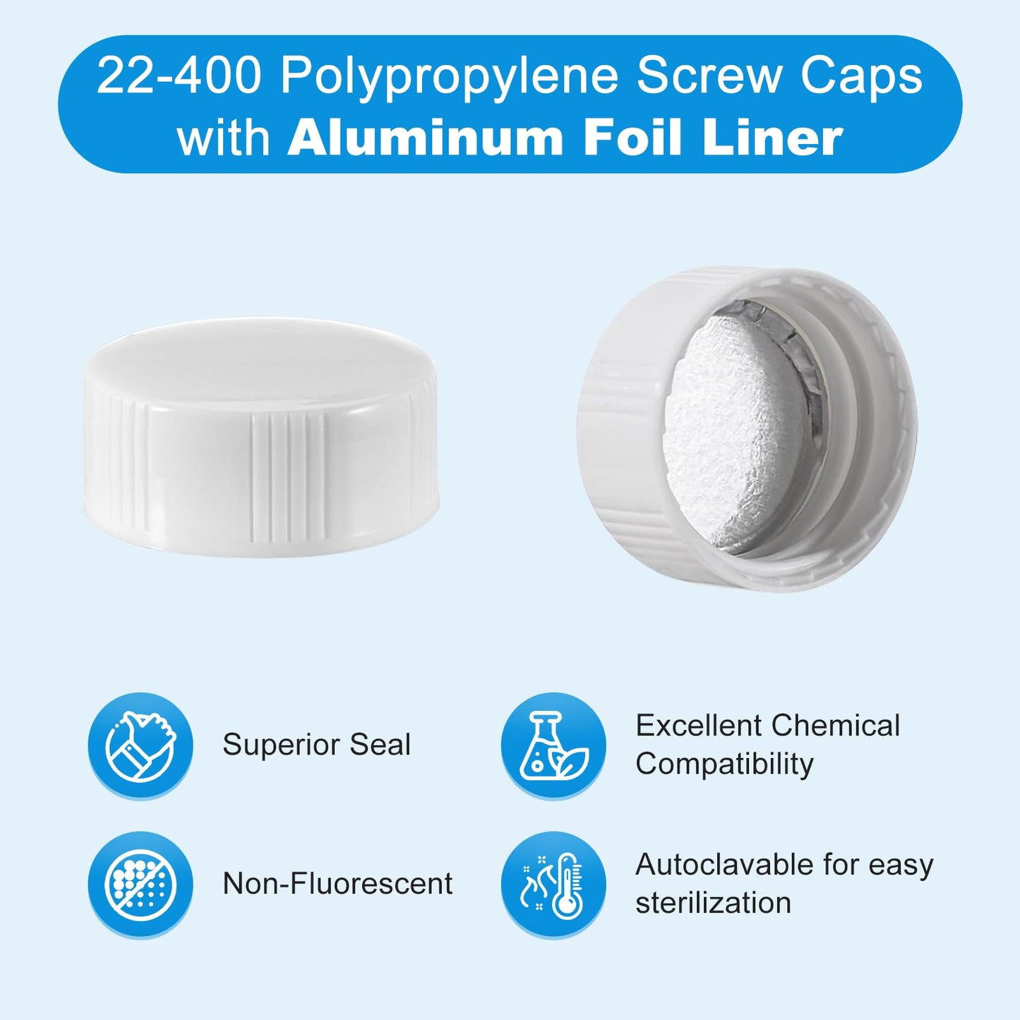 FOUR E'S SCIENTIFIC 20 ML Scintillation Vials, 100 PCS Lab Borosilicate Glass Liquid Scintillation Vials, 22-400 White Screw Cap with Silver Aluminum Foil Liner