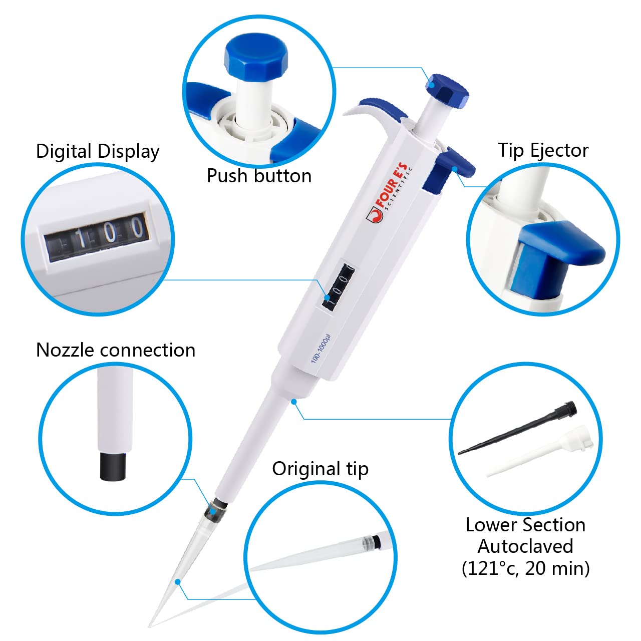 FOUR E'S SCIENTIFIC 1-10ML Single-Channel Pipettor Adjustable Variable Volume Micropipette High Accurate Pipettor for Laboratory
