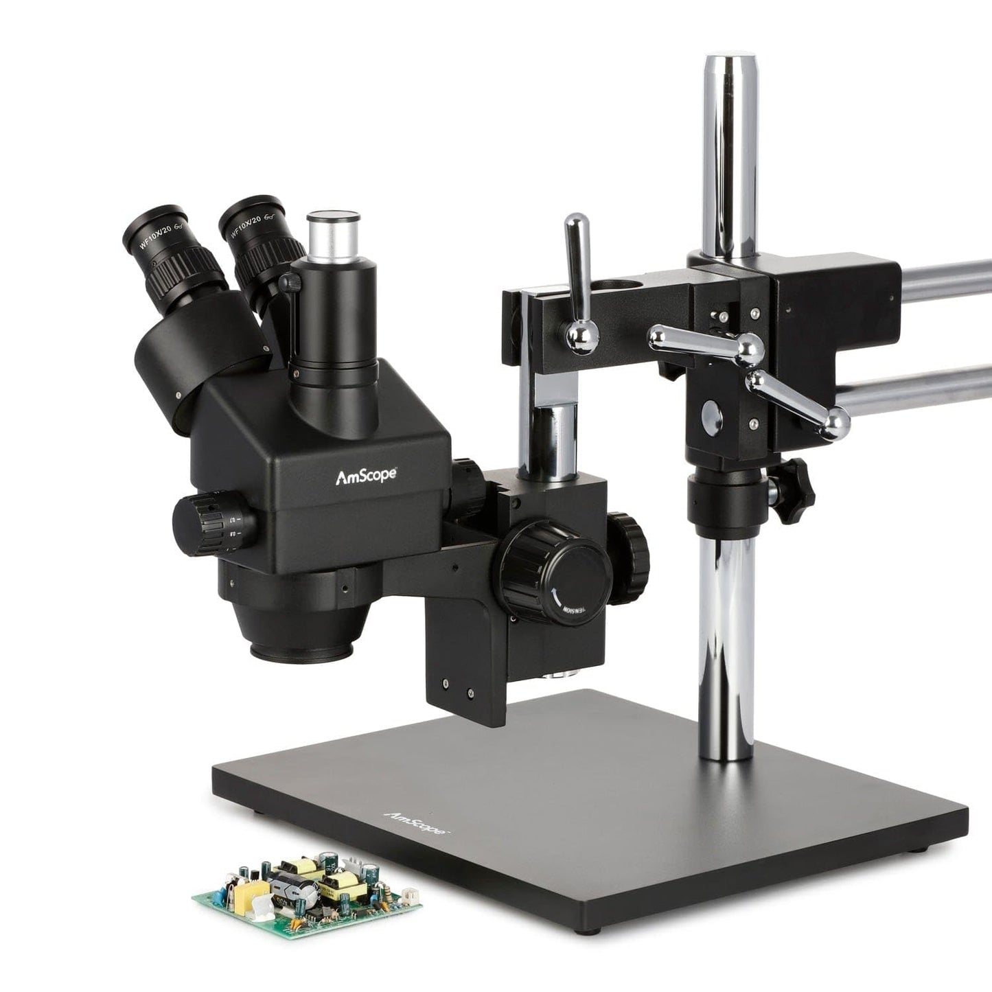 AmScope SM-4TZ-144A Professional Trinocular Stereo Zoom Microscope, WH10x Eyepieces, 3.5X-90X Magnification, 0.7X-4.5X Zoom Objective, Four-Zone LED Ring Light, Double-Arm Boom Stand, 110V-240V, Includes 0.5X and 2.0X Barlow Lens