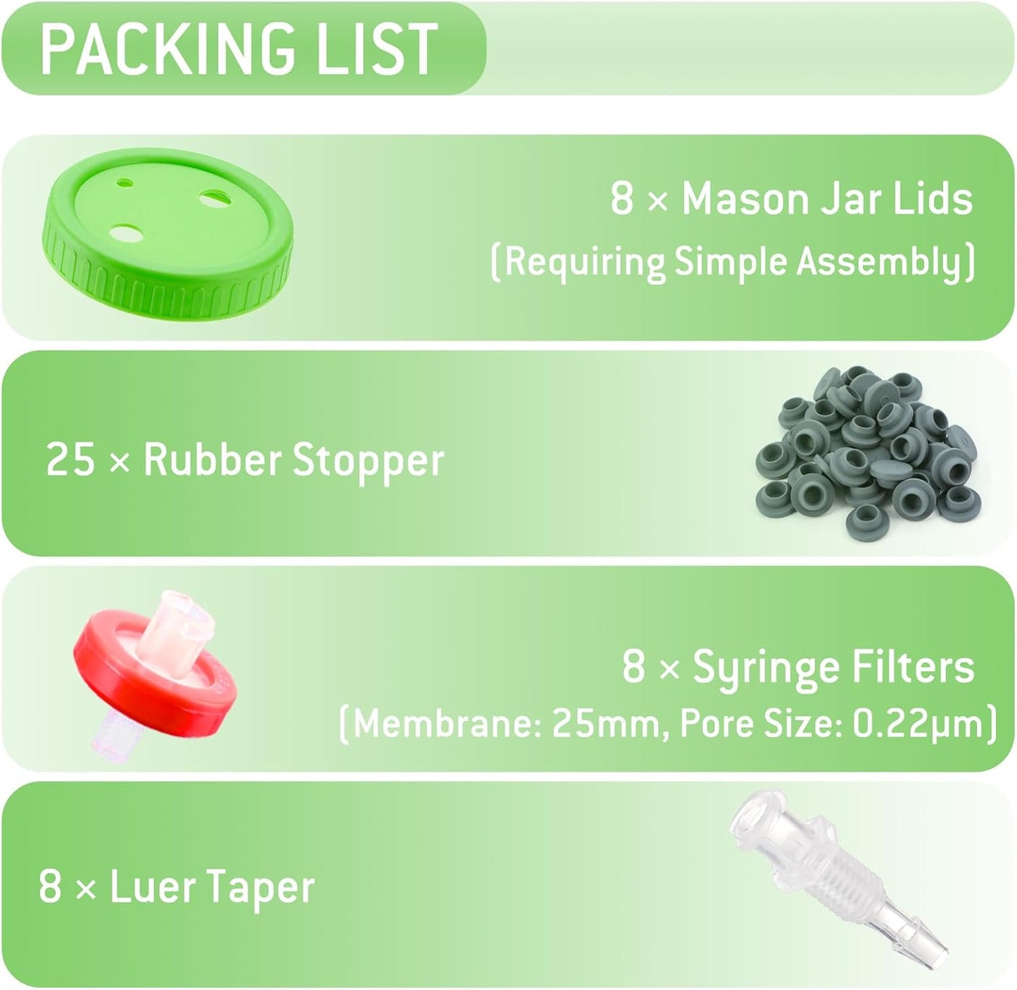 FOUR E'S SCIENTIFIC 8 Pcs Liquid Culture Lids, Wide Mouth Mason Jar Lids Mushroom Cultivation Kit with 0.22μm PTFE Filters and Self-healing Rubber Stoppers