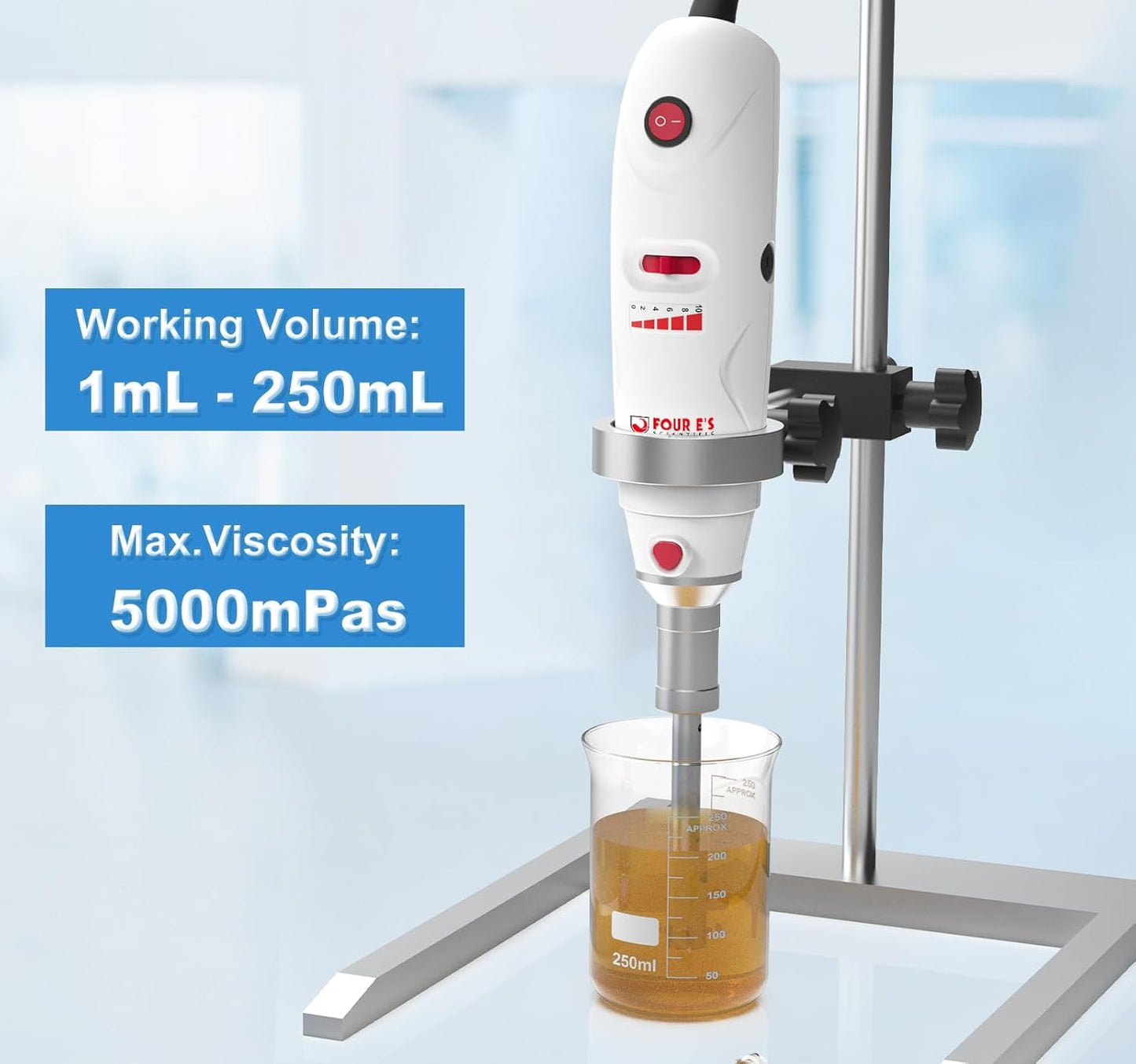 FOUR E'S SCIENTIFIC Lab Homogenizer 8000-30000rpm with Stand, High-Speed Handheld Homogenizer Emulsifier with 10mm 316L Stainless Steel Probe 1mL-250mL
