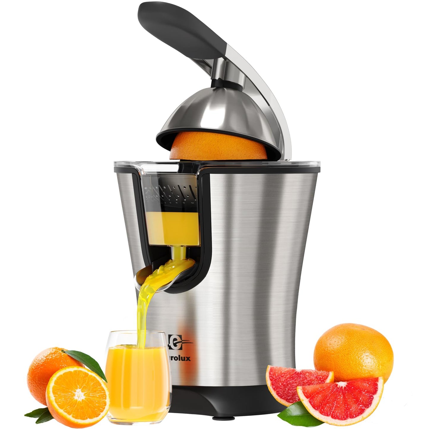 Eurolux Premium Electric Orange Juicer | Stainless Steel Citrus Squeezer With New Ultra-Powerful Motor and Soft Grip Handle for Effortless Juicing, Auto Shutoff, Dishwasher-safe Parts, Pulp Control