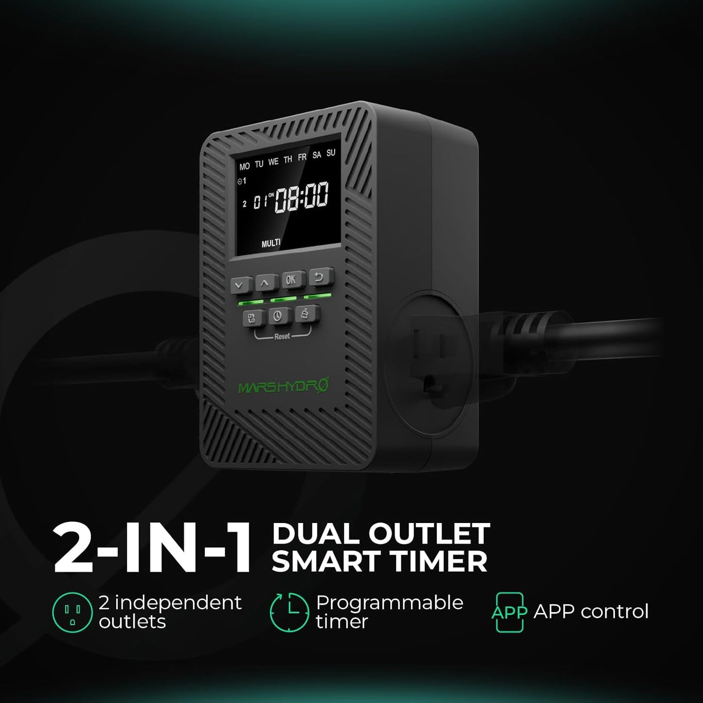 2025 MARS Hydro ITime 2-in-1 Smart Timer Outlet Dual Outlet App Control Custom Programmable 12 On/Off for Home Office and Plant Growth Use