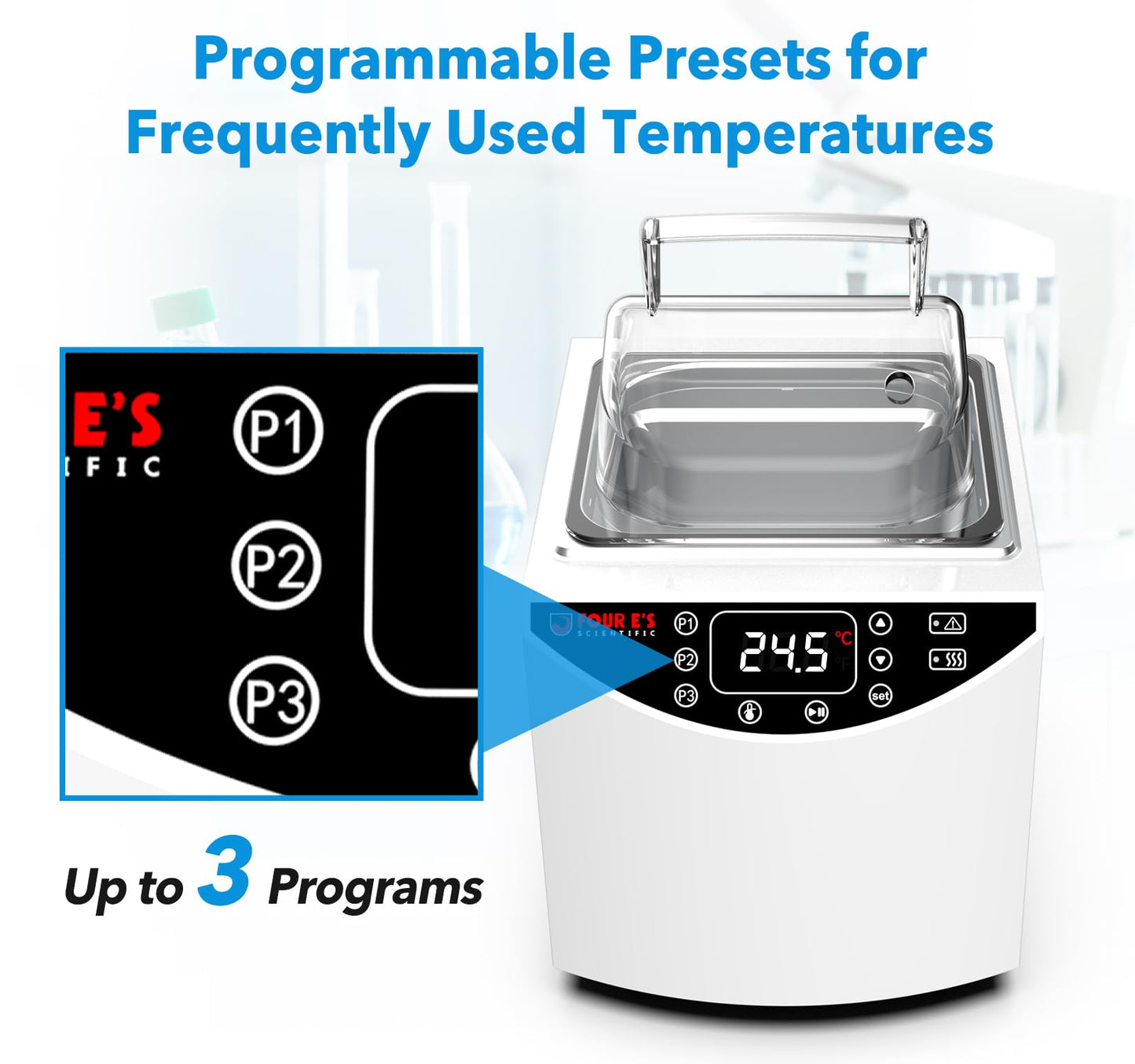 FOUR E'S SCIENTIFIC Lab Water Bath 5L, Digital Thermostatic Water Bath Heater, RT+5°C to 99°C, Precise Temperature Control, 2 Stainless Steel Chambers, LED Display