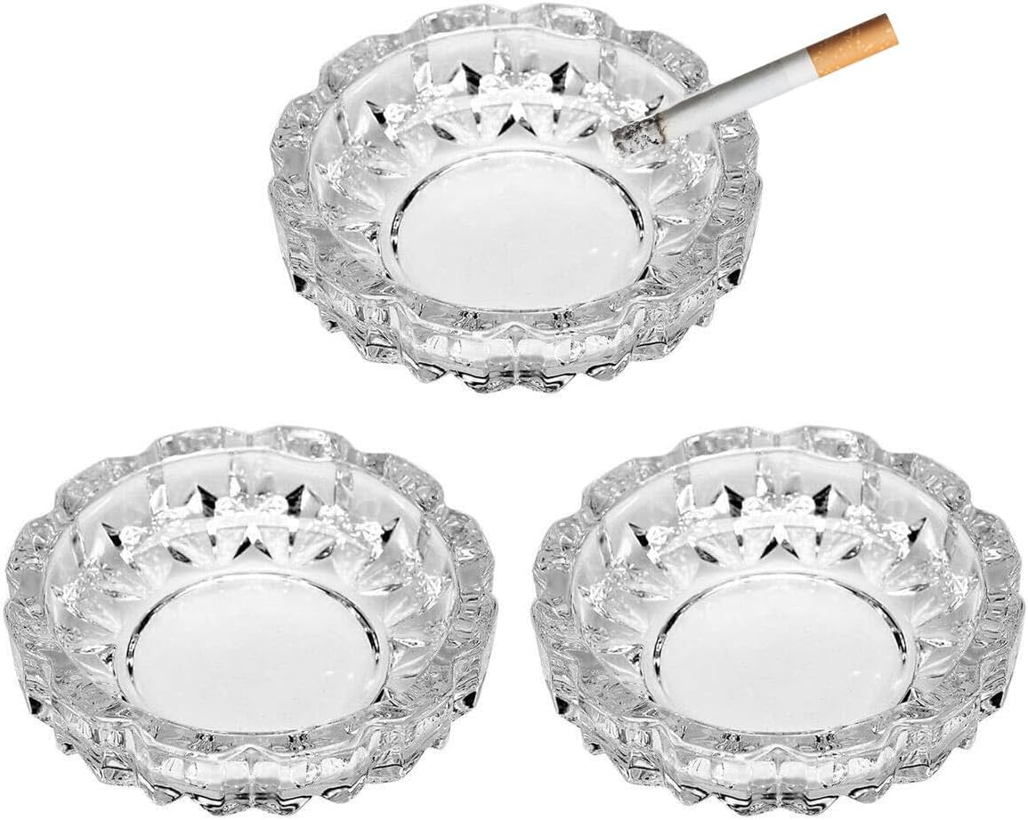 3 Pack Round Crystal Heavy Duty Glass Smoking Ashtray for Indoor and Outdoor Home Office Tabletop Decoration 4.8" Diameter, Set of 3