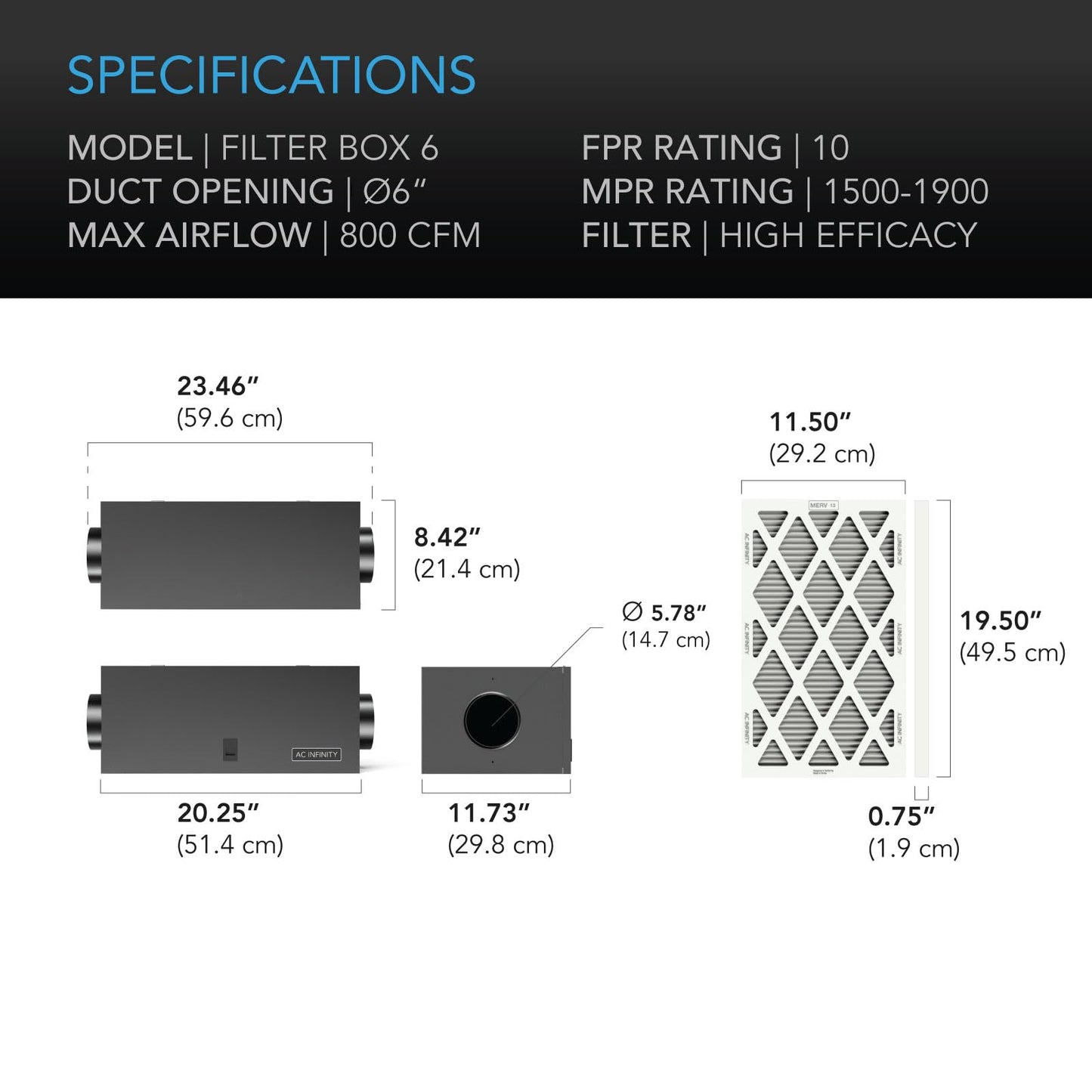 AC Infinity Inline Filter Box 4" with High Efficacy Filter, Whole House HVAC Filtration Kit, Fits 4-Inch Inline Duct Fans for Fresh Air Intake and Ventilation