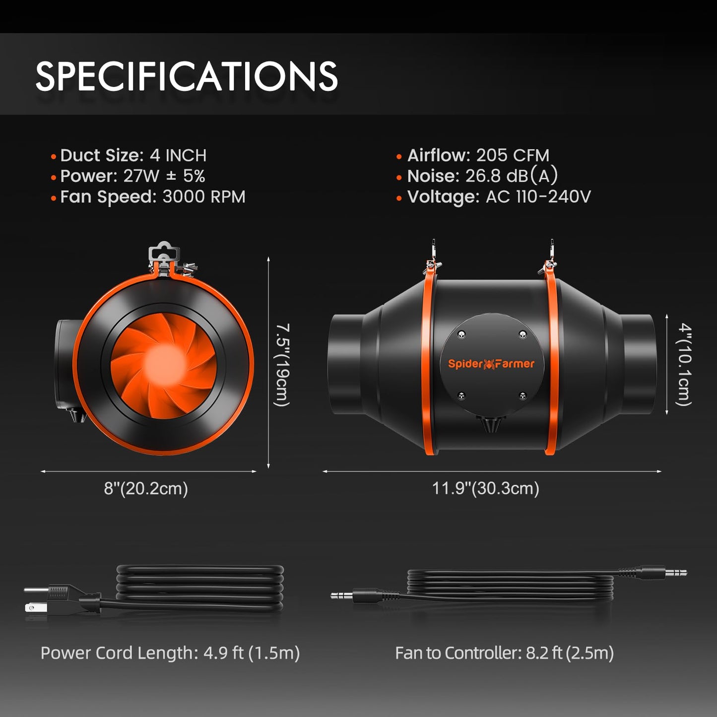 Spider Farmer 6 Inch Inline Fan with Temperature Humidity Controller, Quiet Duct Fan Intake Fan for Grow TentRoom, Heating Cooling Duct Booster Fan for Growing and Planting with Led Grow Light