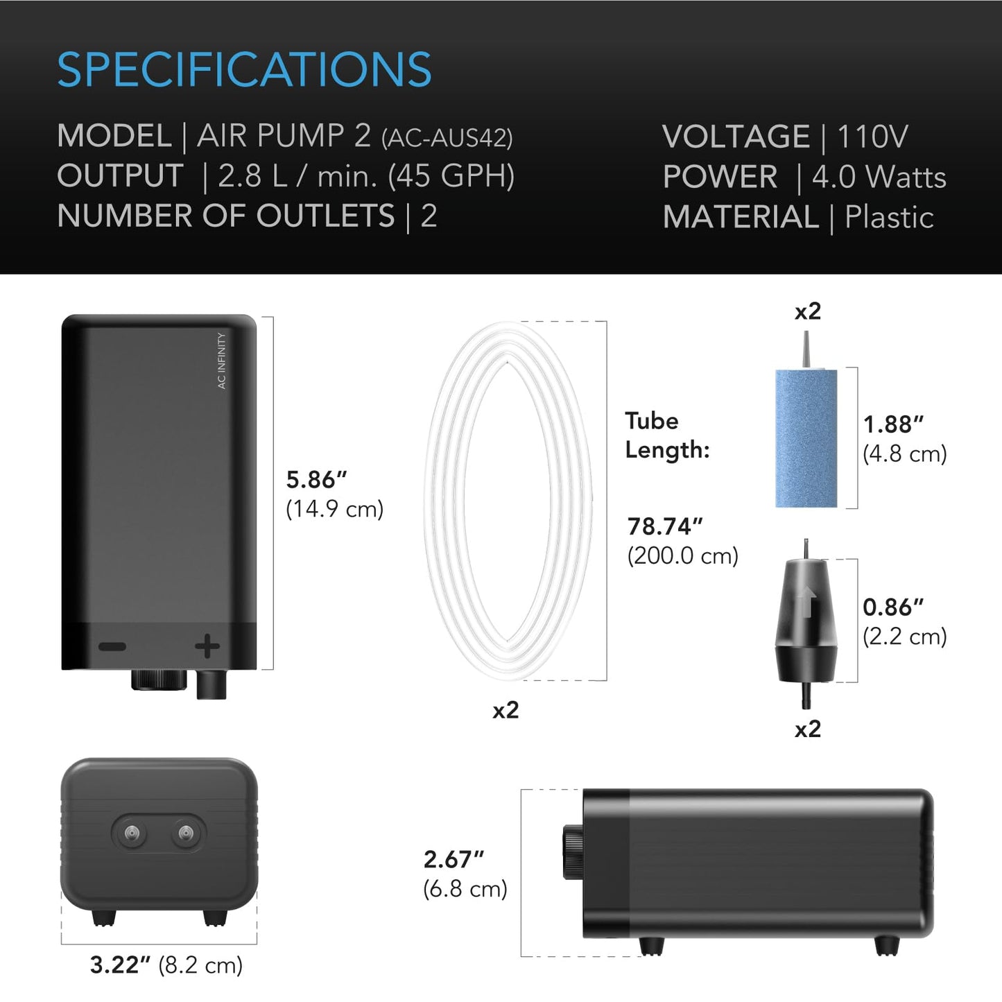 AC Infinity Air Pump One-Outlet Adjustable Oxygen Pump Kit with Tubing, Check Valve, and Air Stone, for Aquariums, Ponds, and Hydroponics Systems