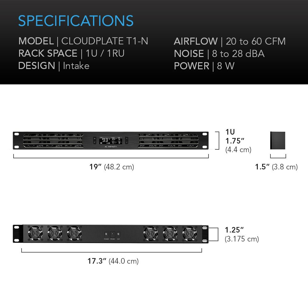 AC Infinity CLOUDPLATE T1-N, Rack Mount Fan Panel 1U, Intake Airflow, for Cooling AV, Home Theater, Network 19” Racks