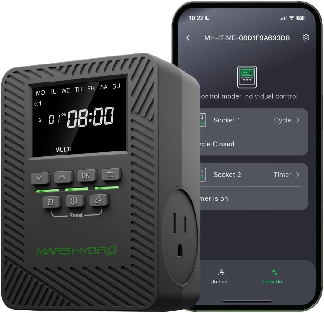 2025 MARS Hydro ITime 2-in-1 Smart Timer Outlet Dual Outlet App Control Custom Programmable 12 On/Off for Home Office and Plant Growth Use
