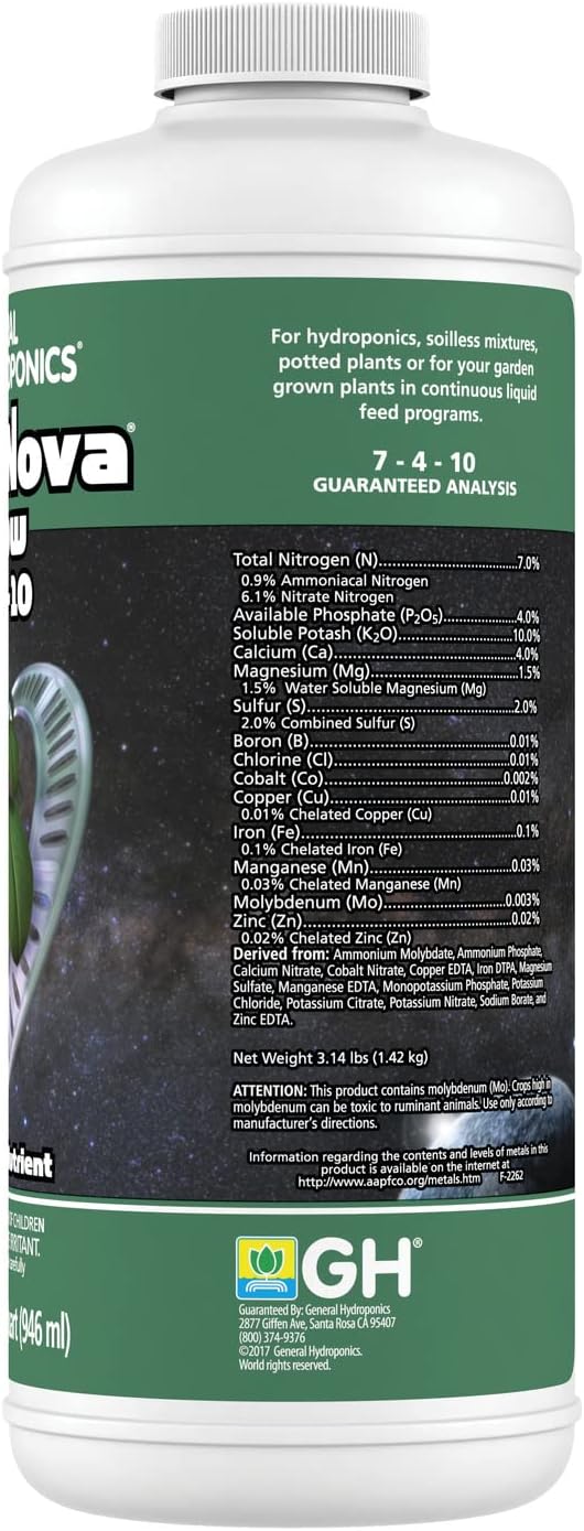 General Hydroponics FloraNova Grow 7-4-10, Robust Strength of Dry Fertilizer But in Rapid Liquid Form, Use for Hydroponics, Soilless Mixtures, Containers & Garden Grown Plants, 1-Quart