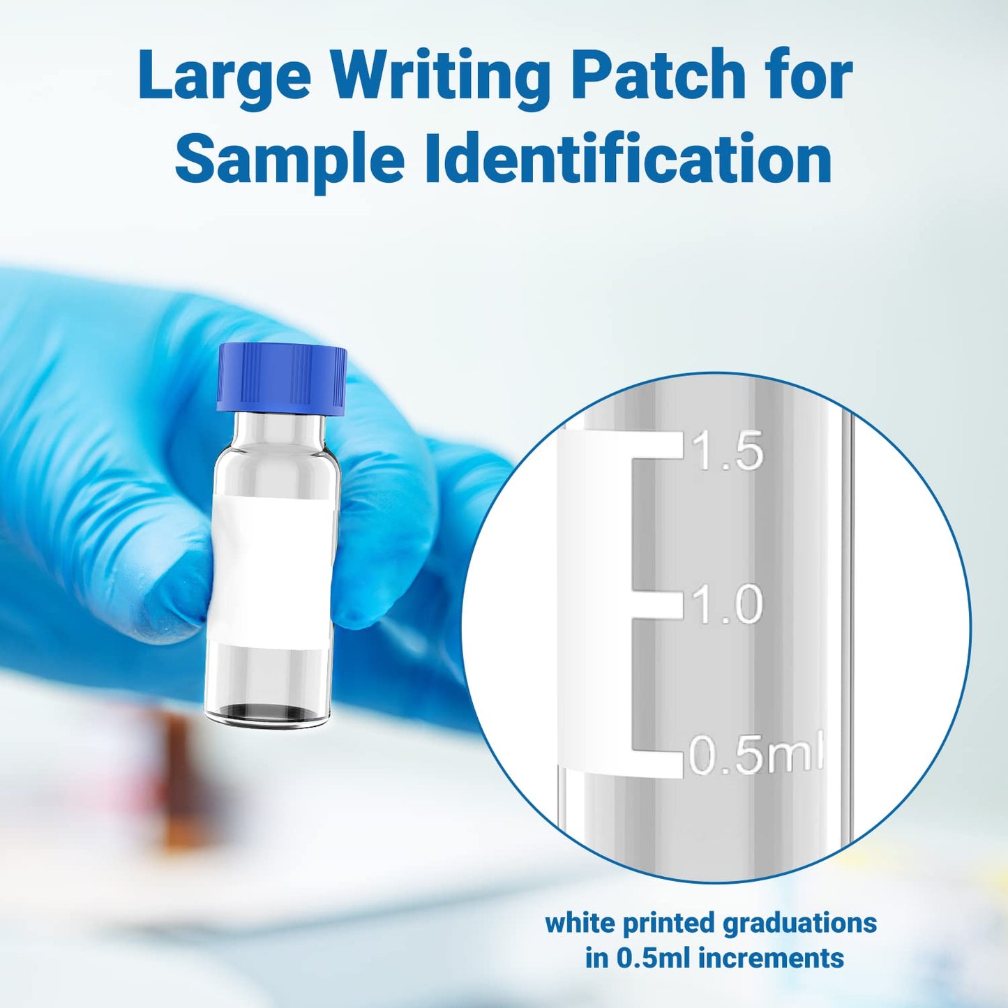 FOUR E'S SCIENTIFIC 2ml Autosampler Vials 1000 Pack - HPLC Vial | 9-425 Amber Vial with Blue Screw Caps | Writing Patch | Graduation | White PTFE & Red Silicone Septa Fit for LC Sampler