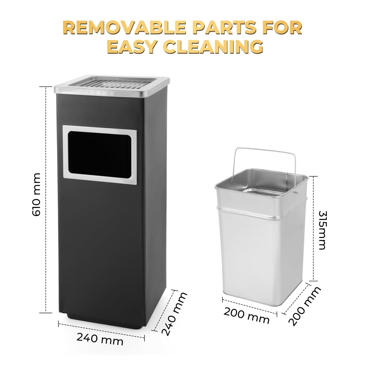 Trash Can Outdoor Waste Container Square Stainless Steel Trash Can with Removable Inner Bucket for Disposal Commercial Waste Container 9.45‘’ x 9.45‘’ x 24.02‘’-Black