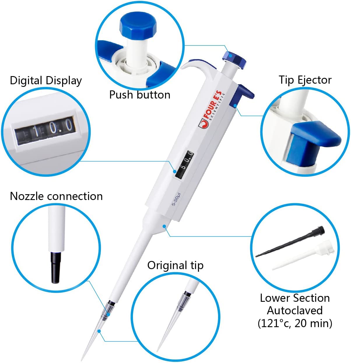 FOUR E'S SCIENTIFIC 1-10ML Single-Channel Pipettor Adjustable Variable Volume Micropipette High Accurate Pipettor for Laboratory