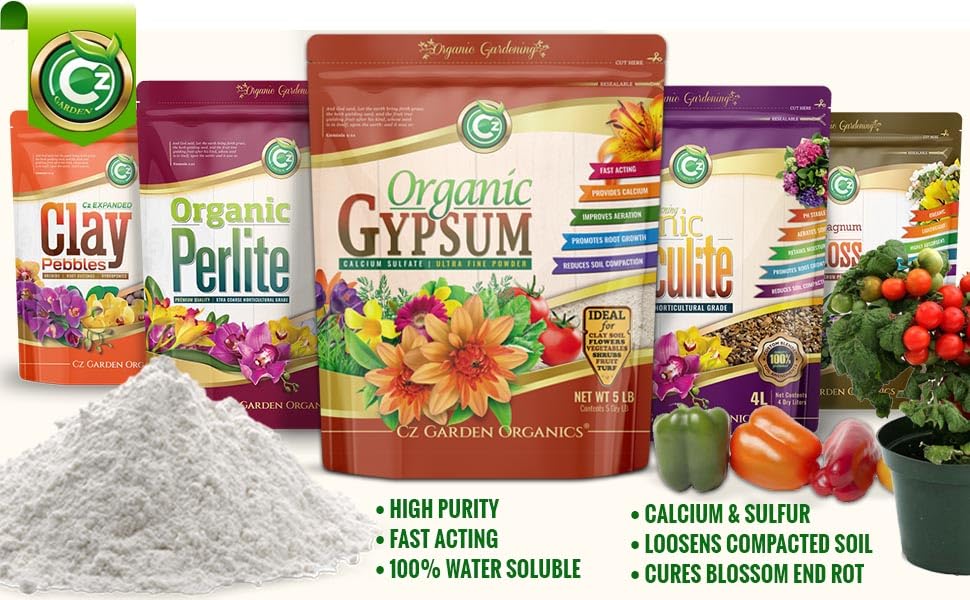 Organic Gypsum Powder 5LB - Made in USA - Calcium Sulfate Dihydrate - Garden Soil Amendment Fertilizer for Lawns, Plants, Mushroom Cultivation. Calcium & Sulfur. Cures Blossom End Rot. OMRI Listed