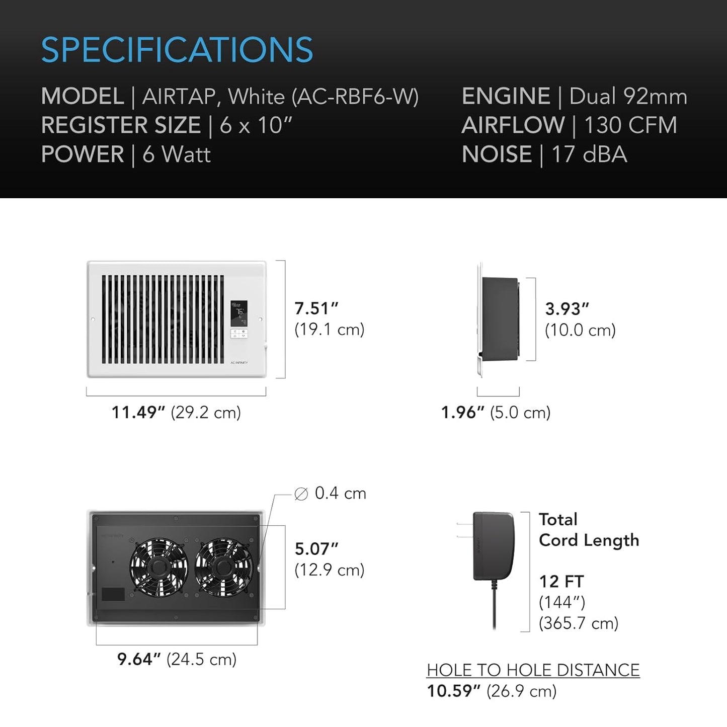 AC Infinity AIRTAP T6 White, Register Booster Fan for 6” x 10” Register Holes, Improves Heating & Cooling Vents, Quiet 10-Speeds, Bluetooth App Control Data Alerts. ONLY FITS 6” x 10” DUCT OPENINGS