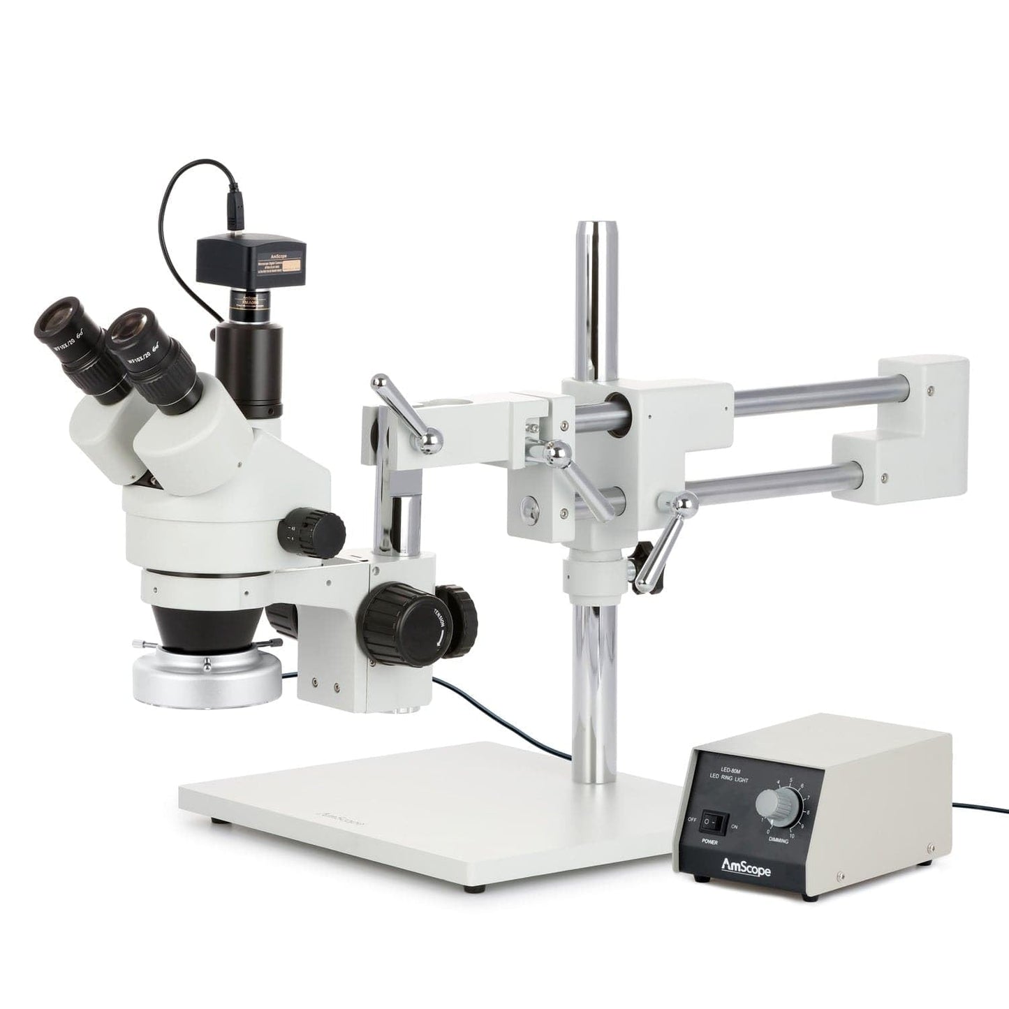 AmScope SM-4TZ-144A Professional Trinocular Stereo Zoom Microscope, WH10x Eyepieces, 3.5X-90X Magnification, 0.7X-4.5X Zoom Objective, Four-Zone LED Ring Light, Double-Arm Boom Stand, 110V-240V, Includes 0.5X and 2.0X Barlow Lens