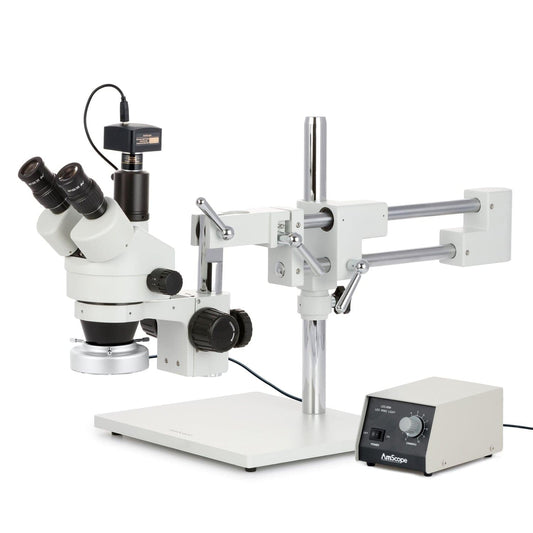 AmScope SM-4TZ-144A Professional Trinocular Stereo Zoom Microscope, WH10x Eyepieces, 3.5X-90X Magnification, 0.7X-4.5X Zoom Objective, Four-Zone LED Ring Light, Double-Arm Boom Stand, 110V-240V, Includes 0.5X and 2.0X Barlow Lens