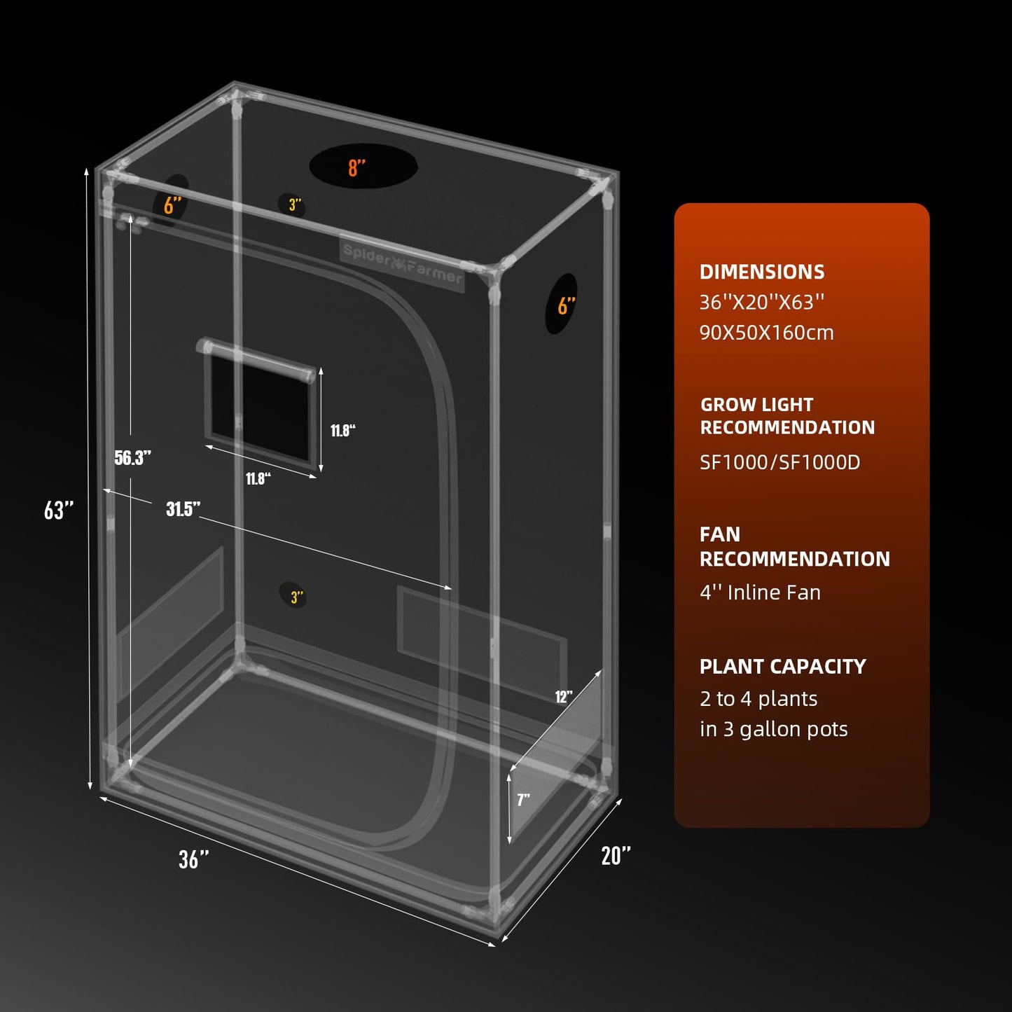 Spider Farmer 3x3x6 Pro-Grade Grow Tent, 36"x36"x70", with Observation Window and Floor Tray, 1680D Thicken Mylar Canvas Hydroponic Grow Tent, 3x3 for Indoor Growing for SF4000/SE3000