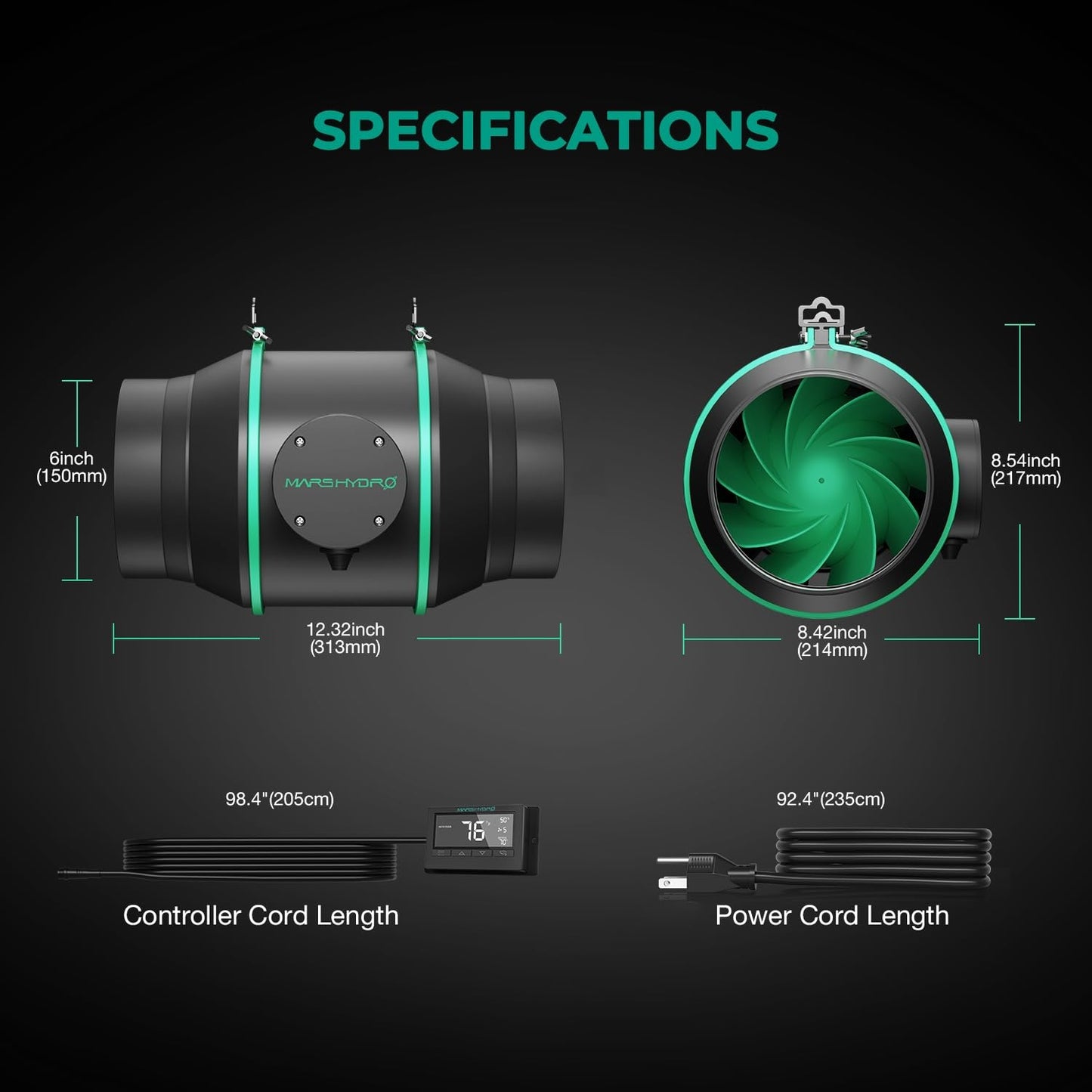 MARS HYDRO 4 Inch Inline Fan and Filter, with Temperature and Humidity Controller, and 25 Feet Ducting, Exhaust Fan for Grow Tents, Hydroponics