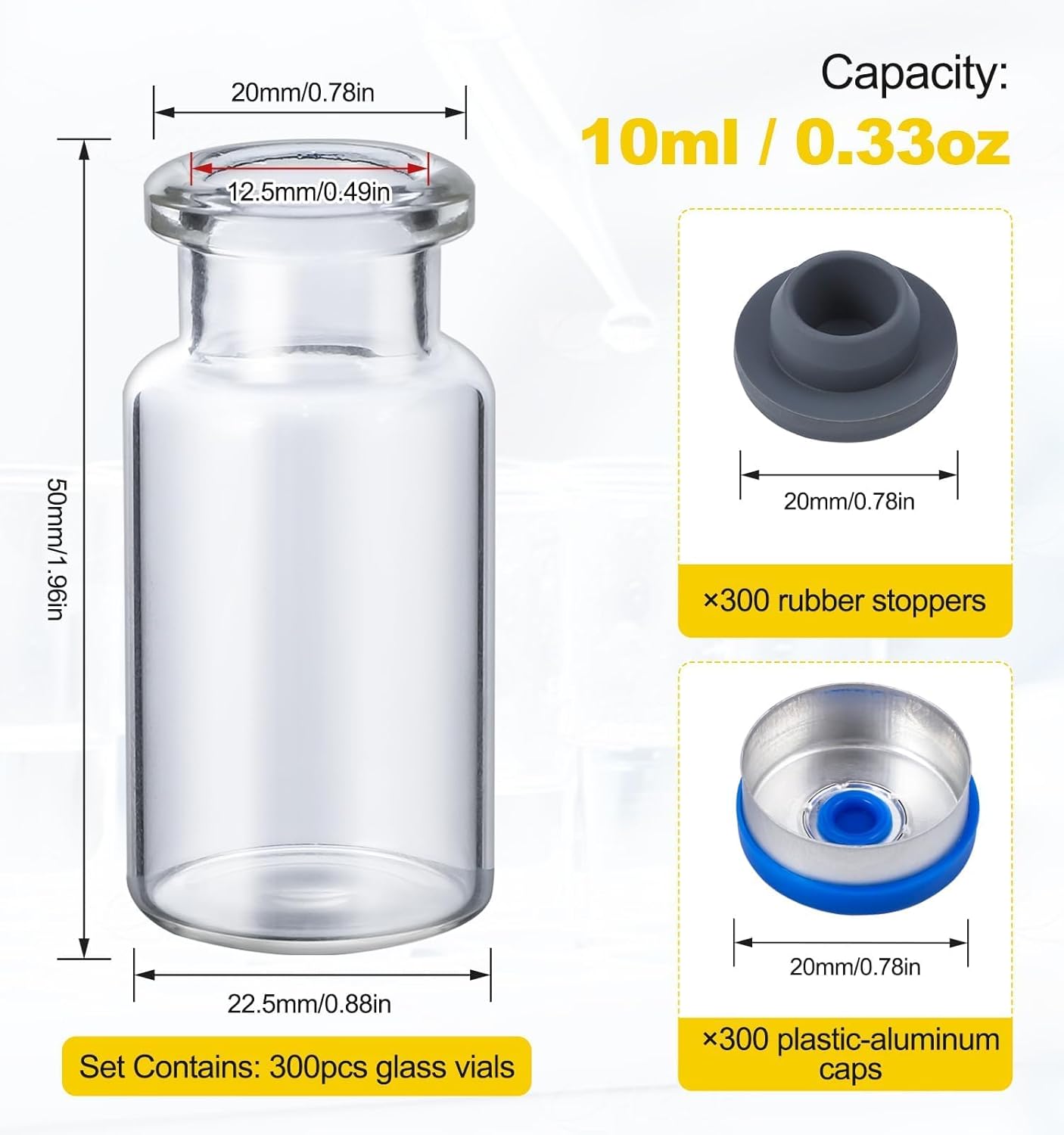 FOUR E'S SCIENTIFIC 10ml Glass Vials, 300 PCS Lab Headspace Vial with Rubber Stoppers and Plastic-Aluminum Flip Caps
